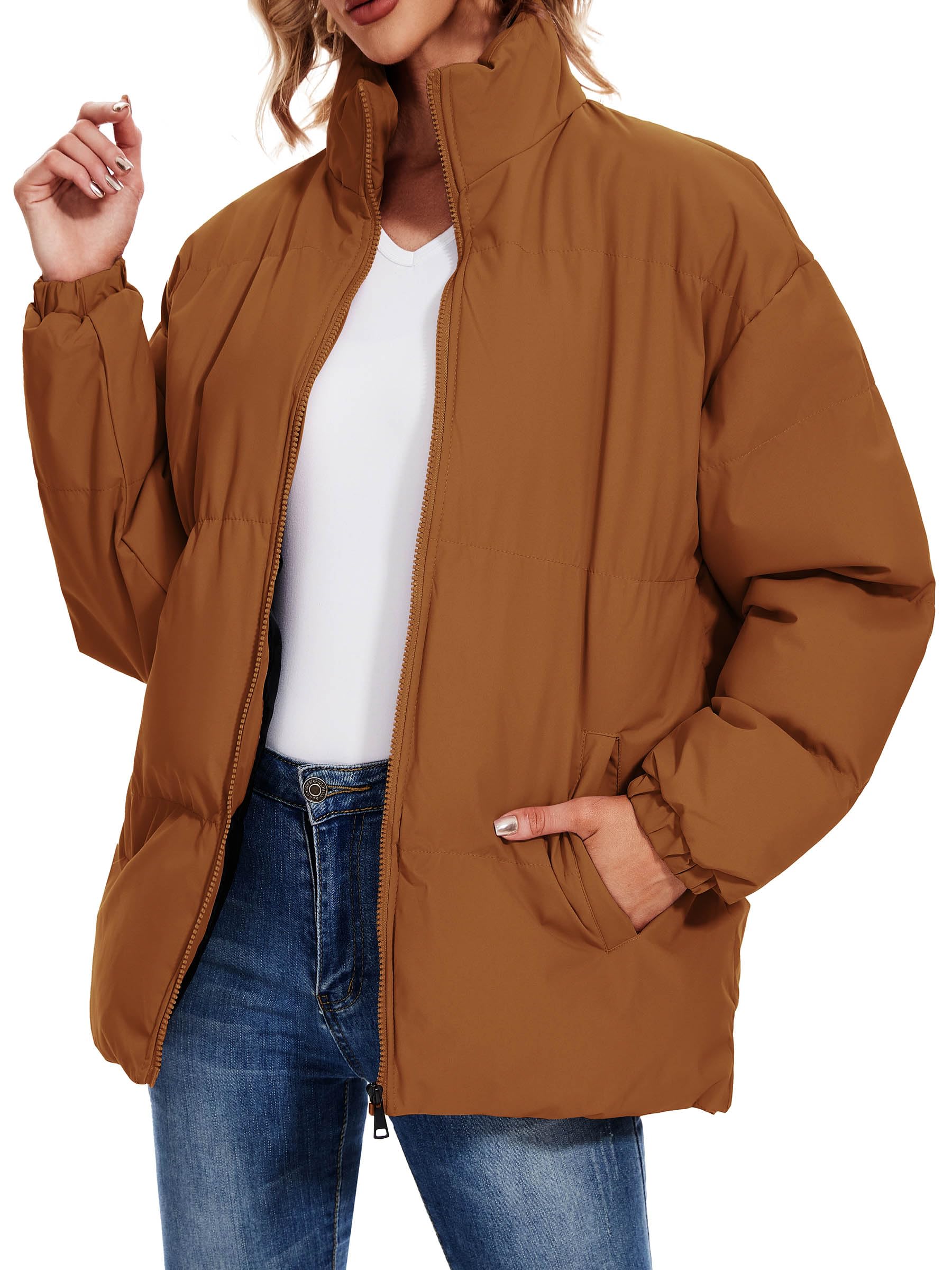 Women's Fashion Winter Long Sleeve Zip Puffer Jacket Pockets Baggy Short Down Coats-Coffee Color