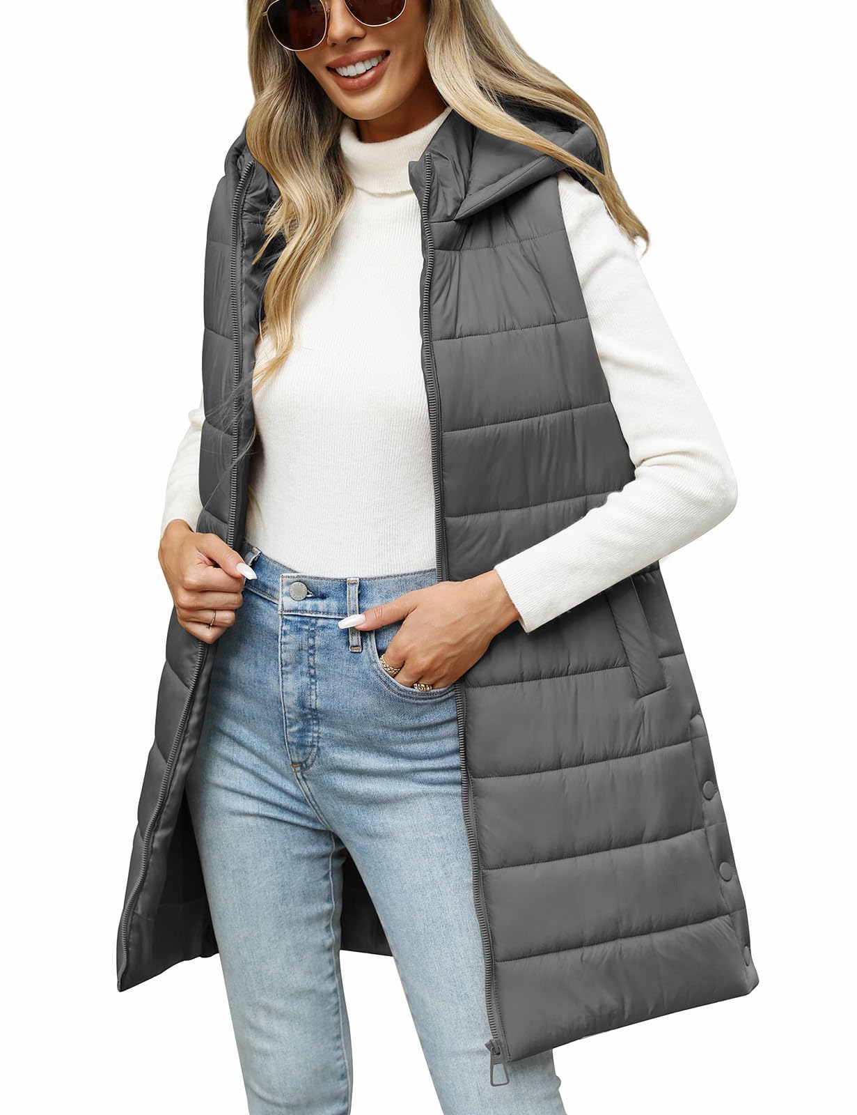 Puffer Vest for Women Long Hooded Lightweight Puffy Jacket Warm Sleeveless Fall Winter down Coat Outerwear