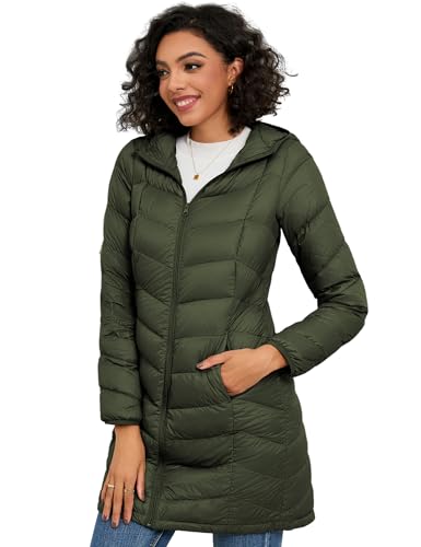 Women Lightweight Down Puffer Coat, Women Hooded Mid-Length Packable Winter Jacket with 2 Packing Bag, Olive Green, Large