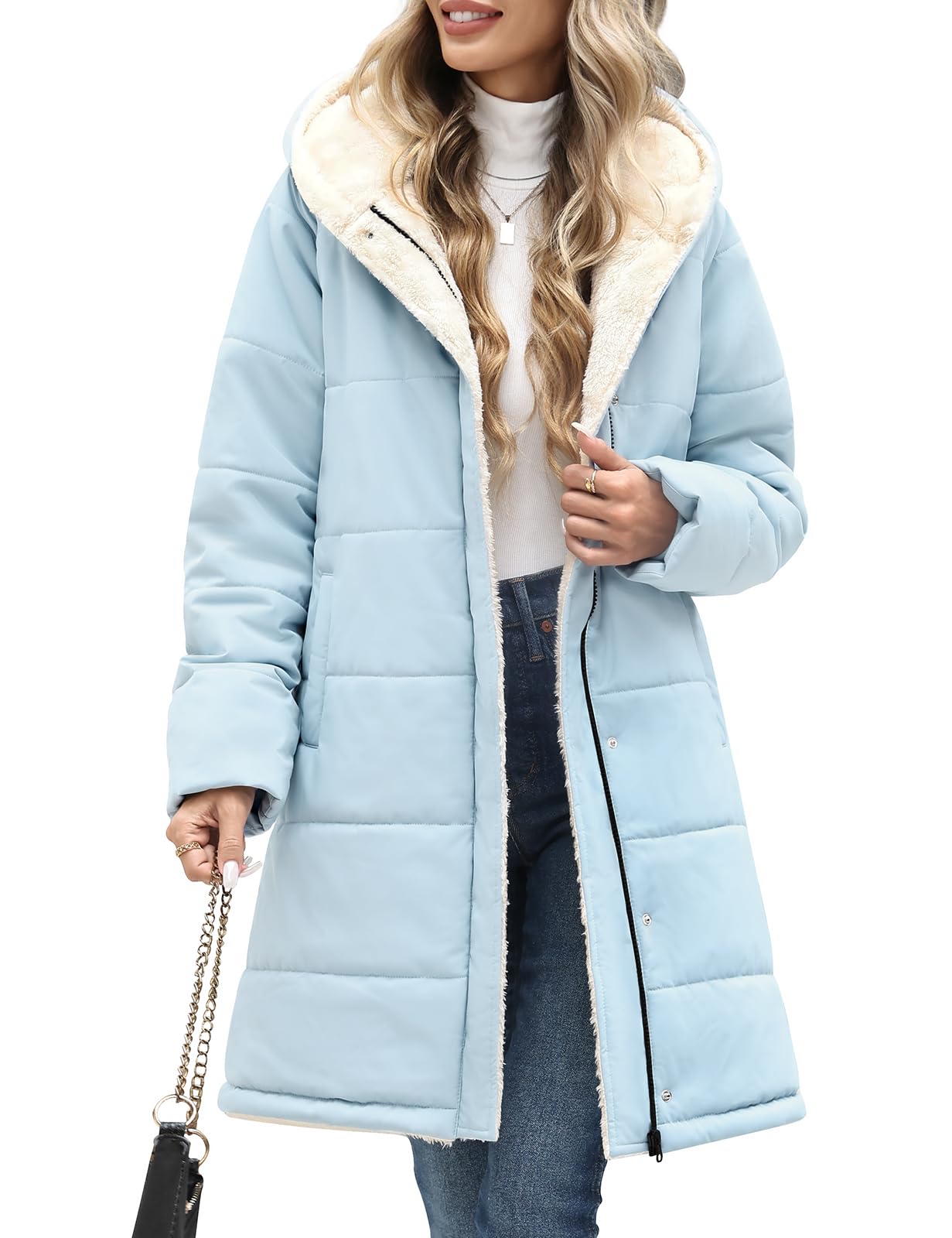 Women Winter Down Coat Fleece Long Warm Jacket Hooded Parka Puffer Coat Padded Fashion Outerwear