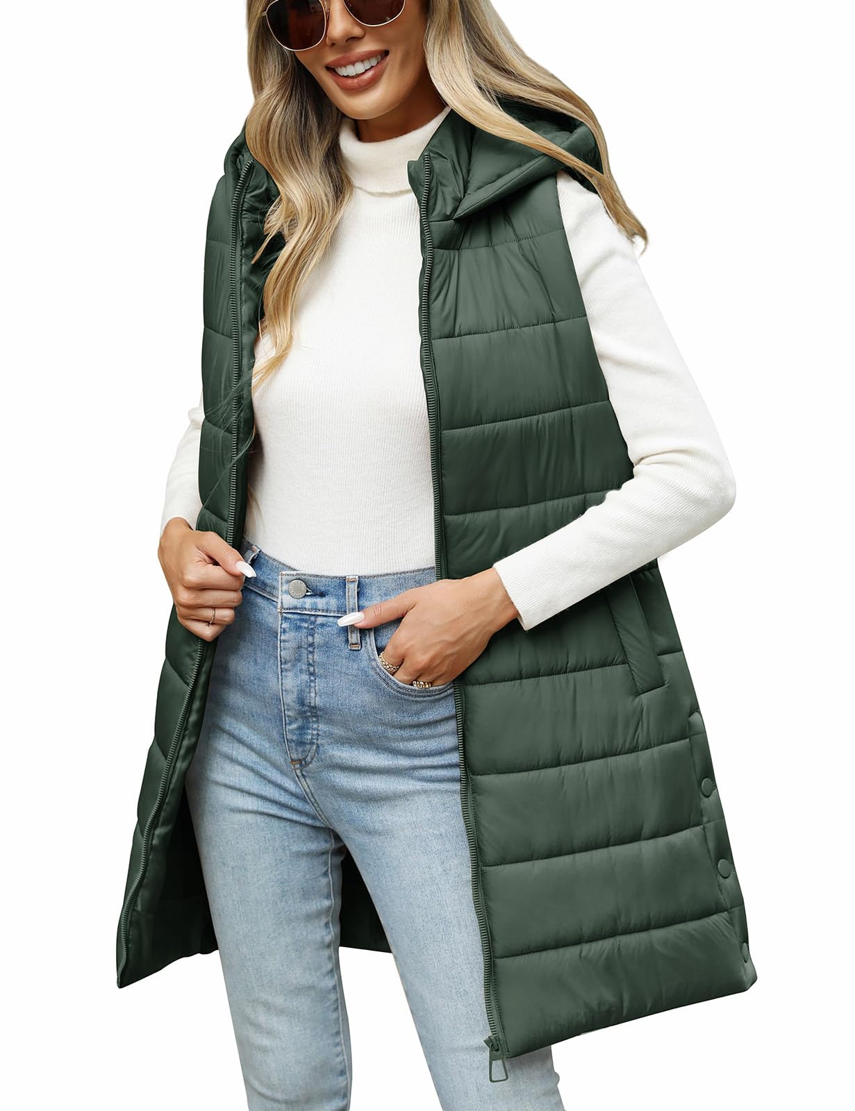 Puffer Vest for Women Long Hooded Lightweight Puffy Jacket Warm Sleeveless Fall Winter down Coat Outerwear