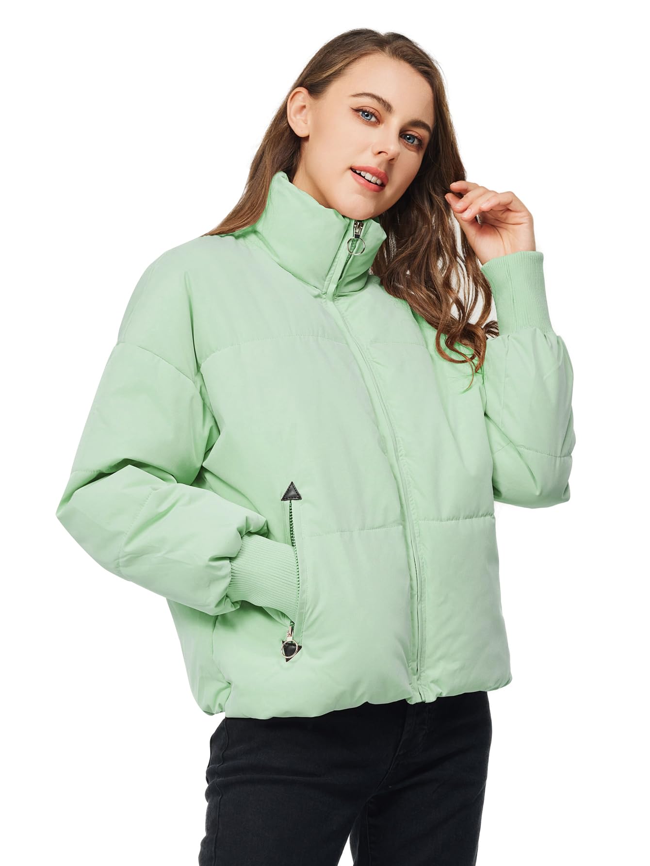 Women's Winter Pockets Baggy Short Down Jacket Cropped Puffer Long Sleeve Zip Coats