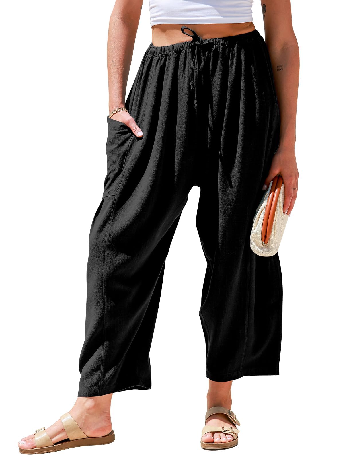 Womens Linen Wide Leg Pants Casual Loose Drawstring Low Waist Beach Palazzo Harem Pants with