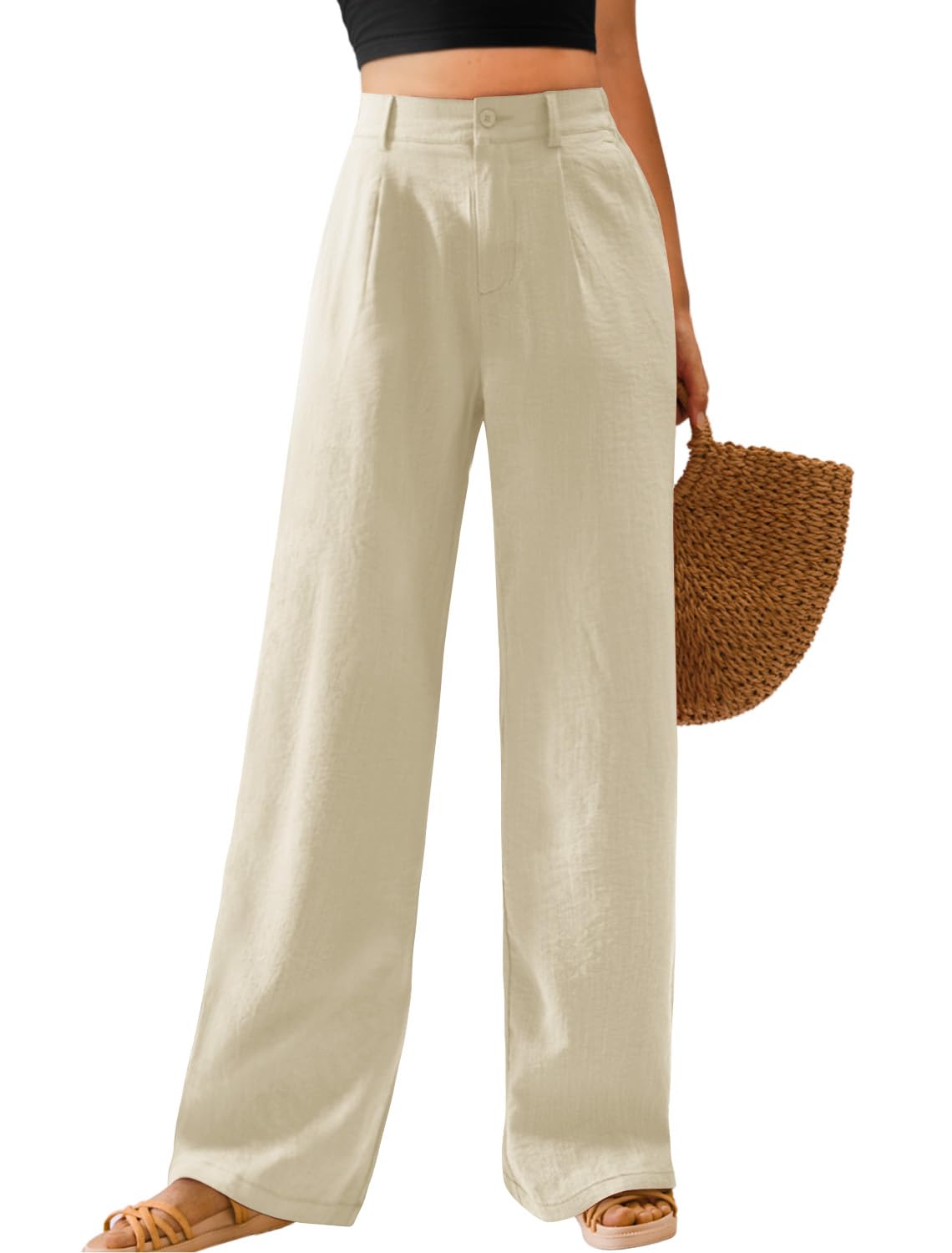 Womens Casual Wide Leg Pants High Waisted Button Down Straight Long Trousers Palazzo Pants