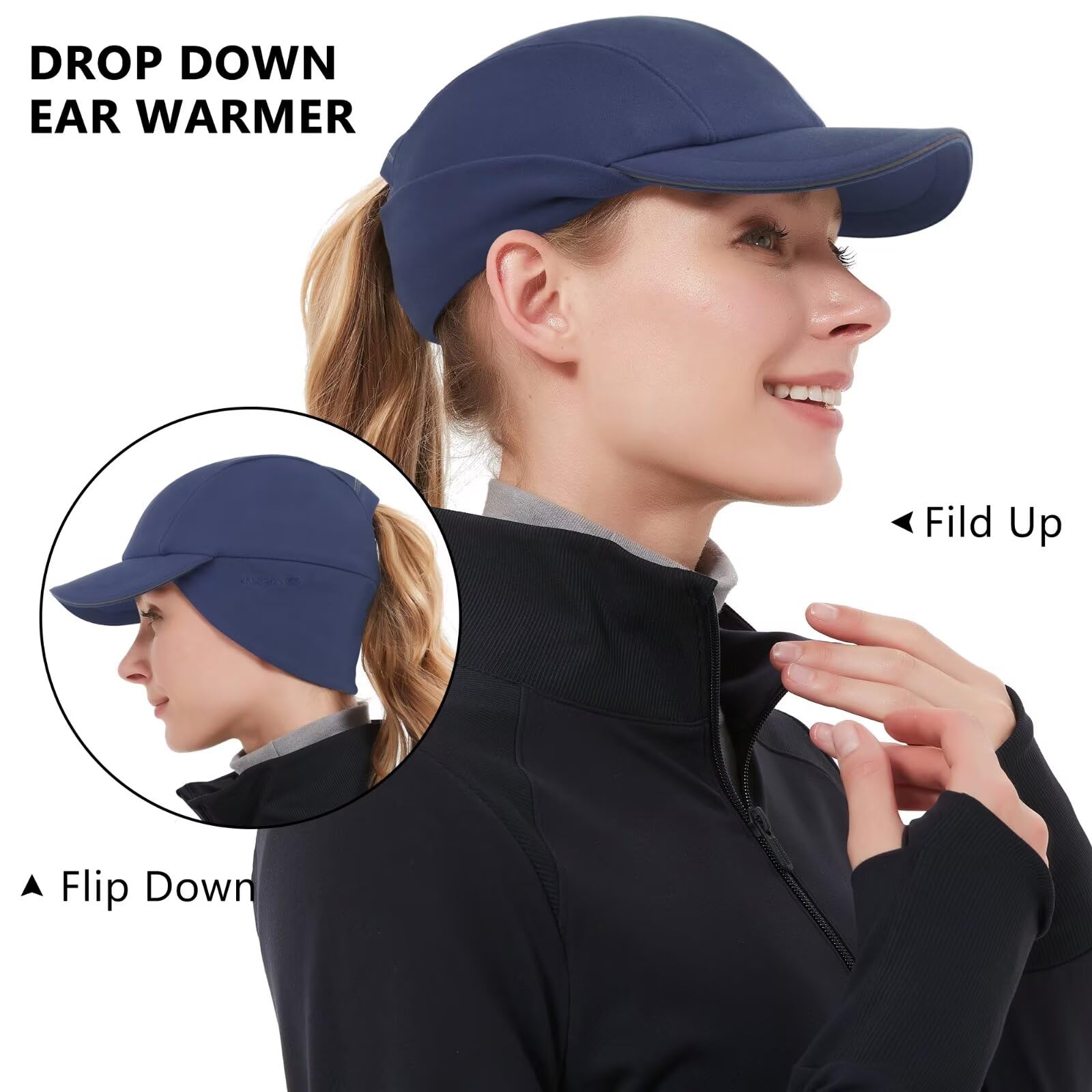 Women's Winter Reflective Wool Ponytail Hat with Pull-down Earflaps