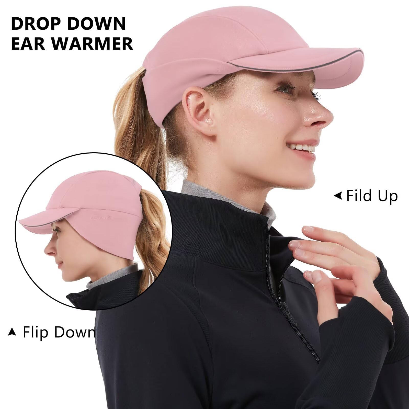 Women's Winter Reflective Wool Ponytail Hat with Pull-down Earflaps