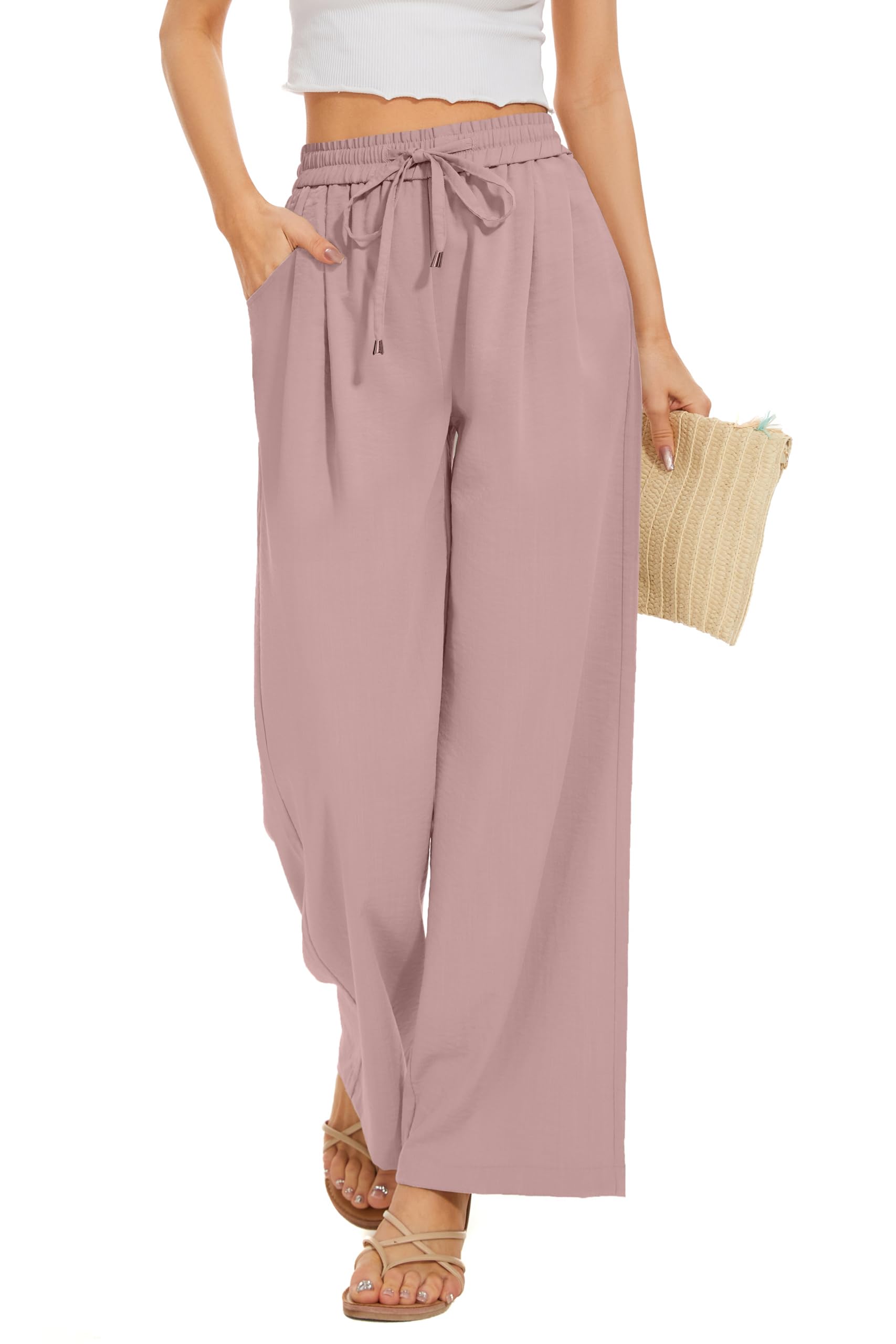 Women Summer Pants Drawstring Waist Wide Leg Pants Loose Fit with Pockets Pull On
