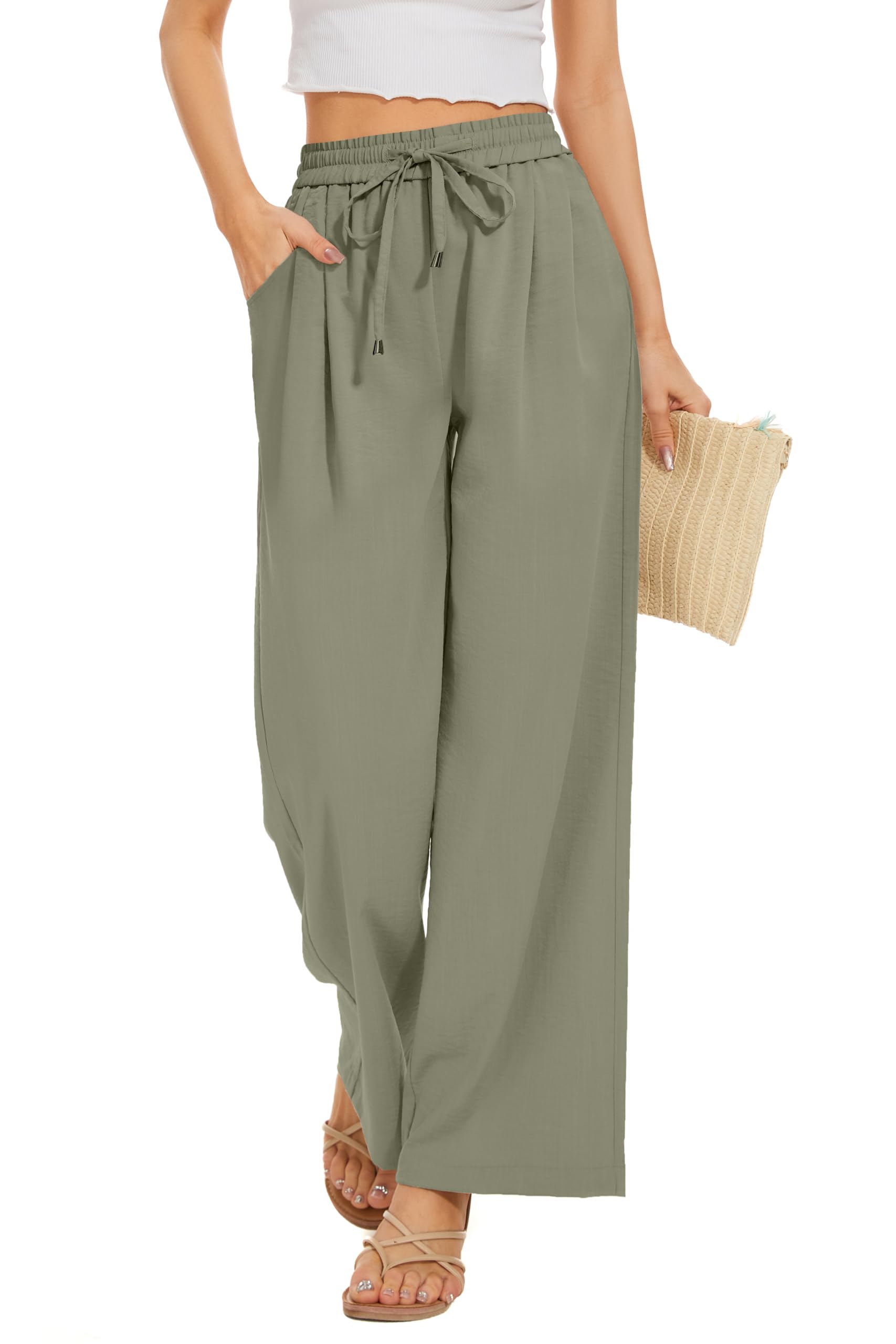 Women Summer Pants Drawstring Waist Wide Leg Pants Loose Fit with Pockets Pull On