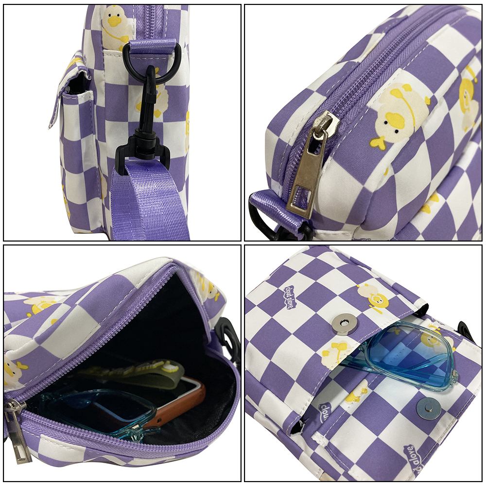Cartoon Portable Crossbody Bag Reusable Collapsible Shoulder Handbag With Plaid Checkerboard Print
