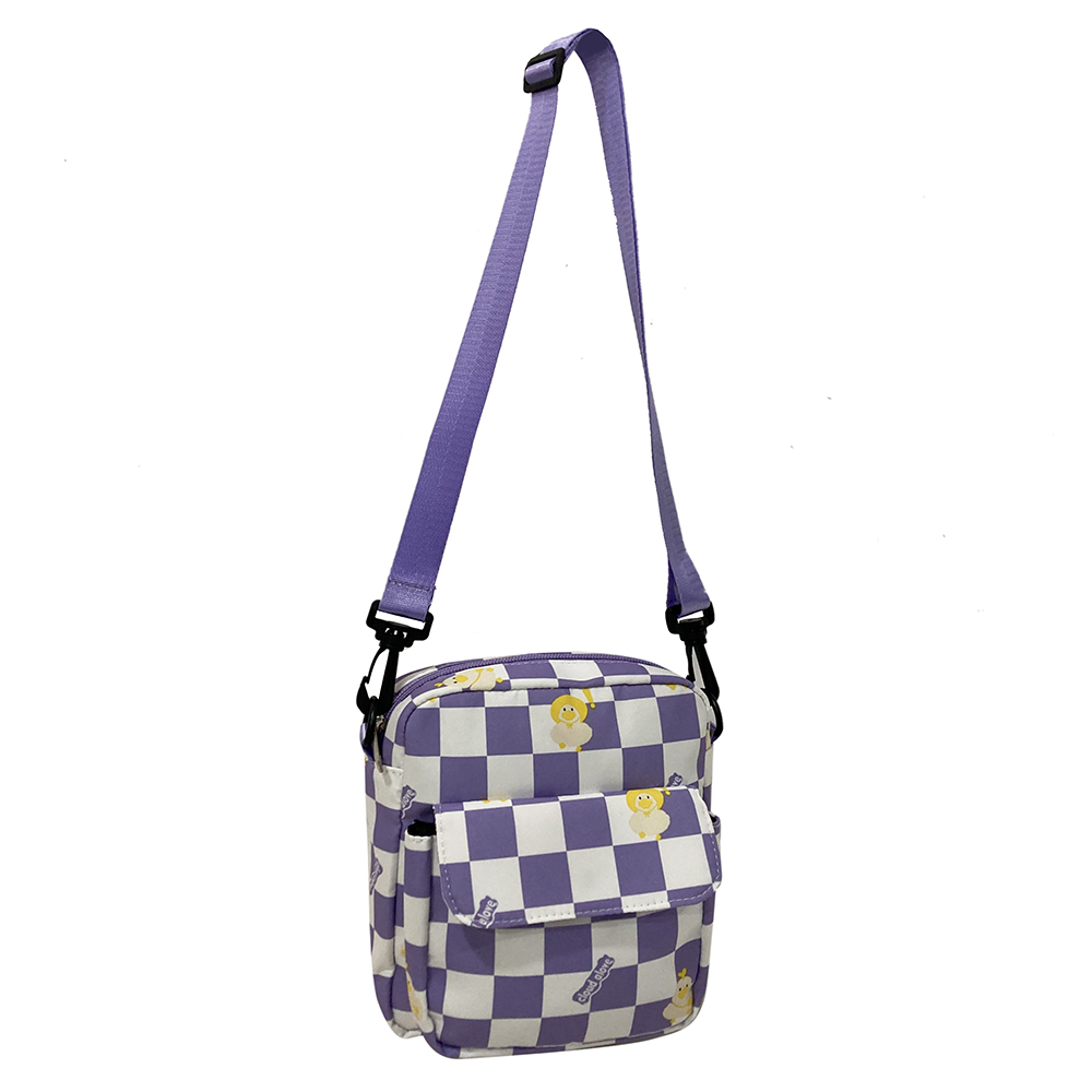 Cartoon Portable Crossbody Bag Reusable Collapsible Shoulder Handbag With Plaid Checkerboard Print