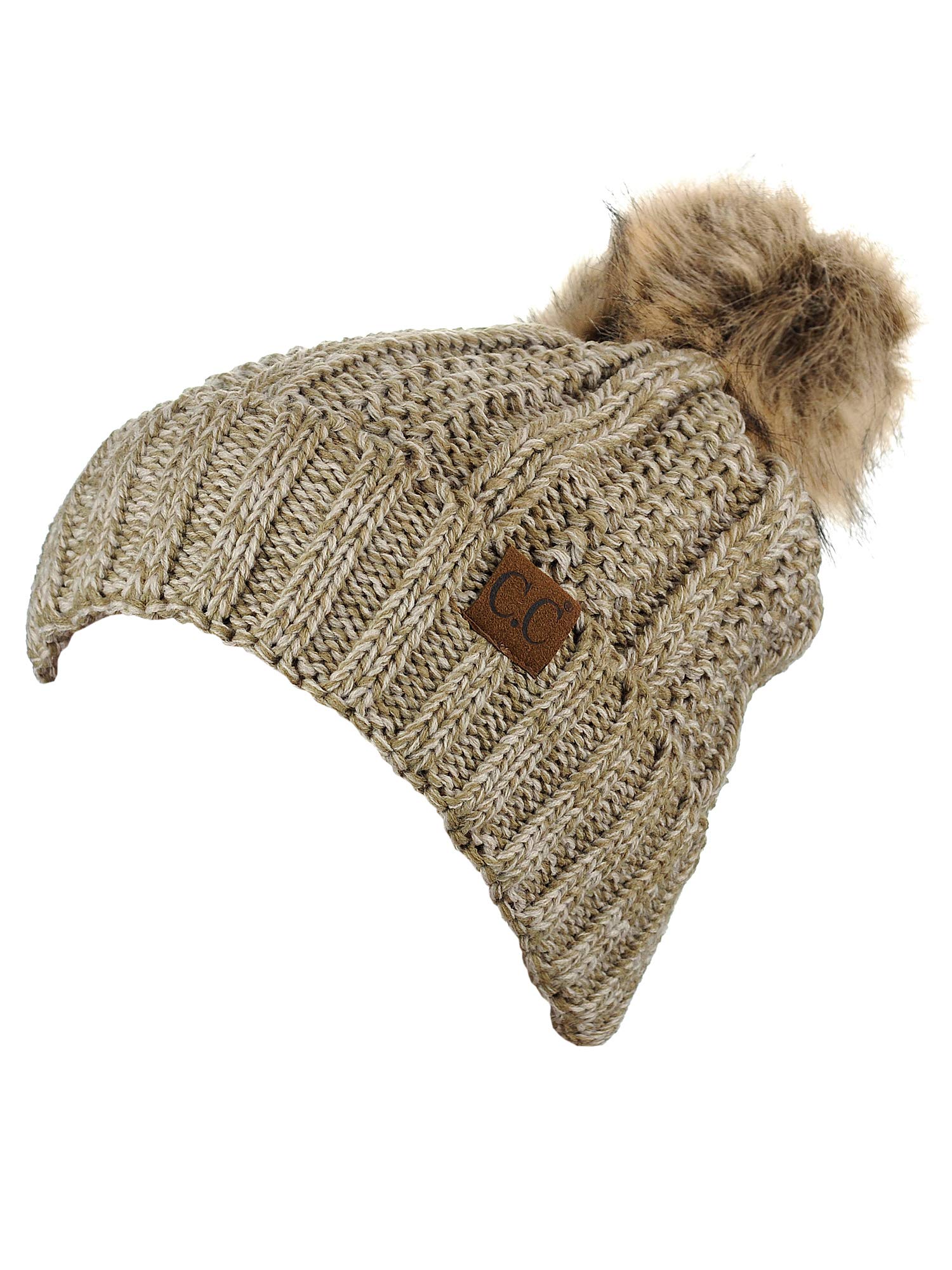 Thick and thick-walled knitted artificial fur pompom with wool lining, skull cap, cuffless brimmed hat