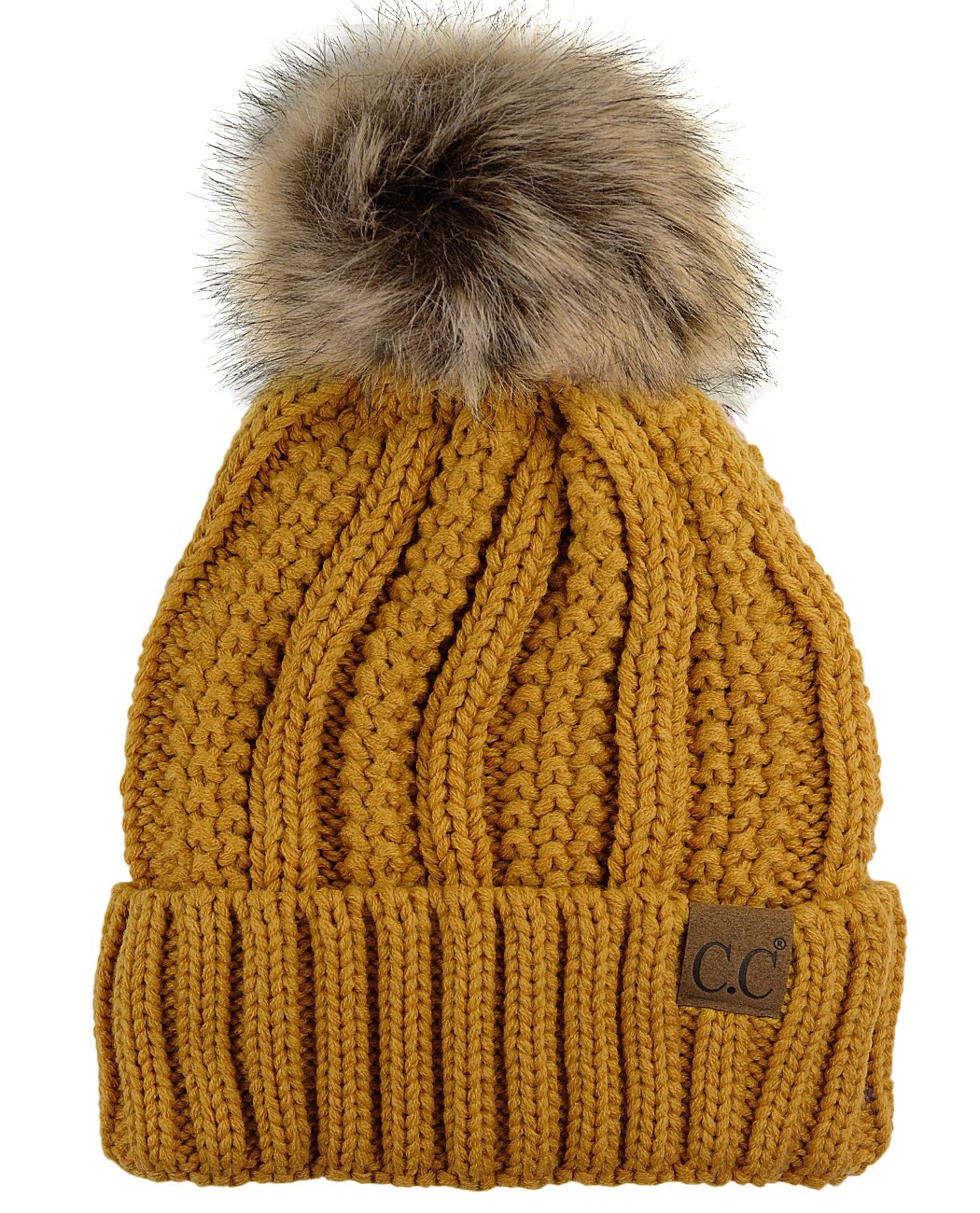 Thick and thick-walled knitted artificial fur pompom with wool lining, skull cap, cuffless brimmed hat