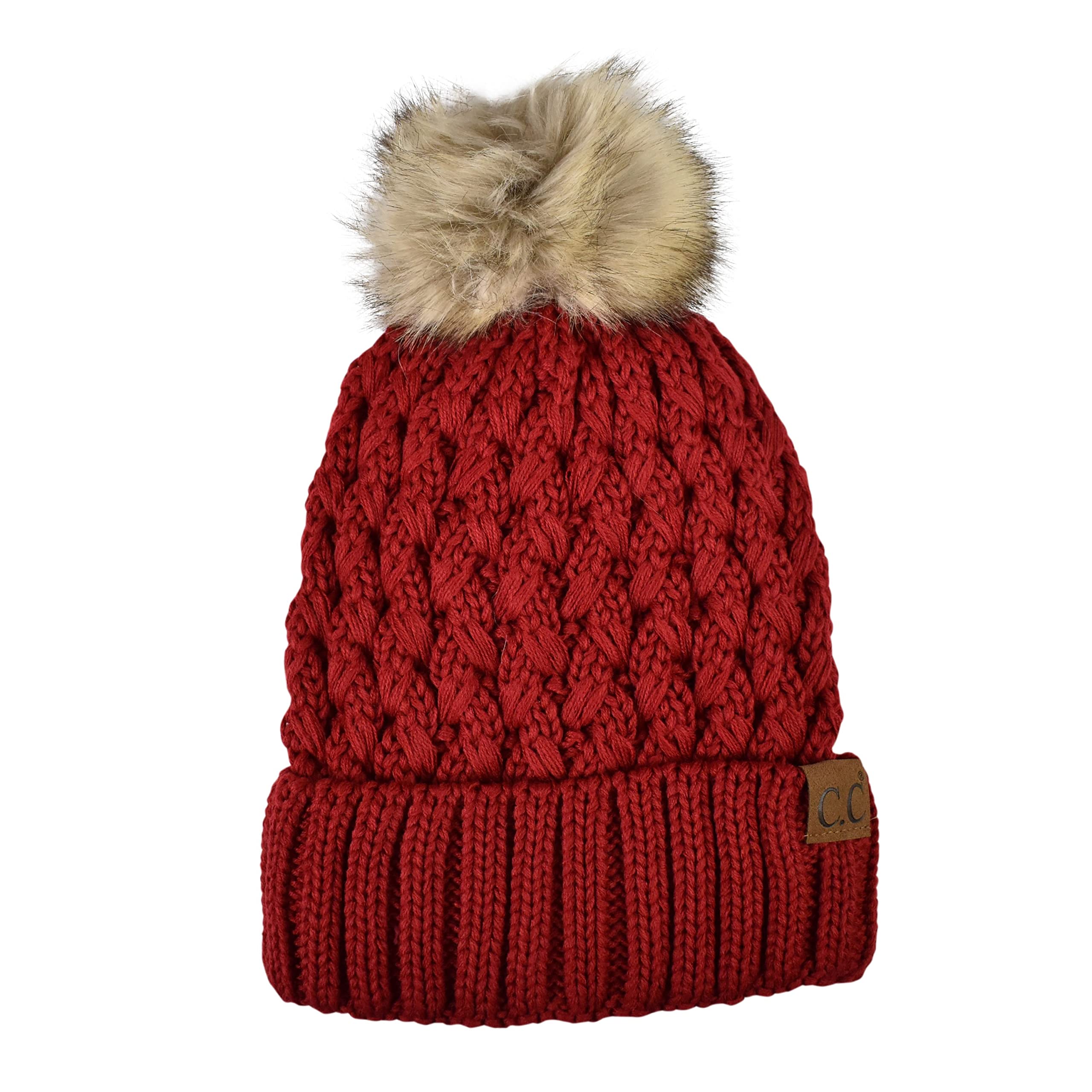 Thick and thick-walled knitted artificial fur pompom with wool lining, skull cap, cuffless brimmed hat