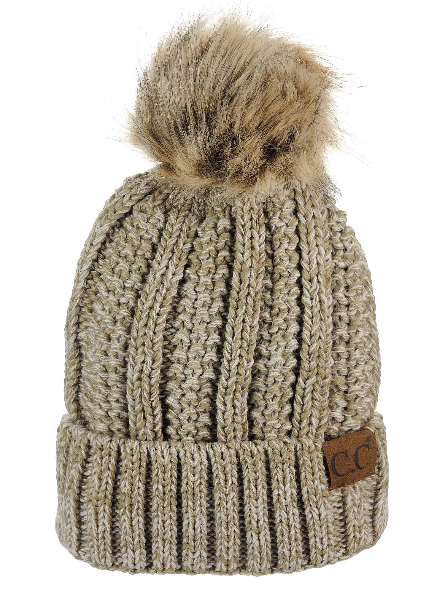 Thick and thick-walled knitted artificial fur pompom with wool lining, skull cap, cuffless brimmed hat