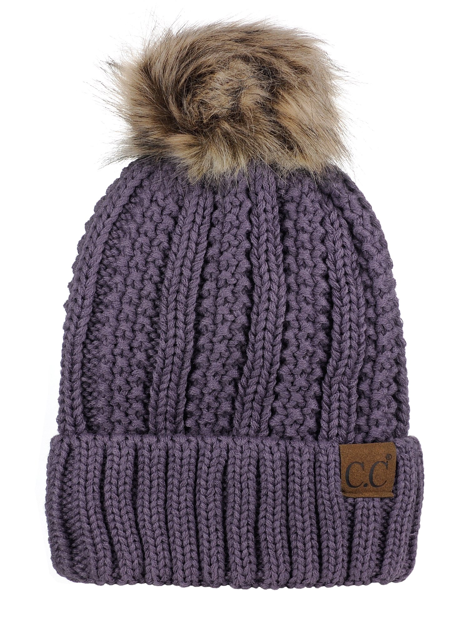 Thick and thick-walled knitted artificial fur pompom with wool lining, skull cap, cuffless brimmed hat