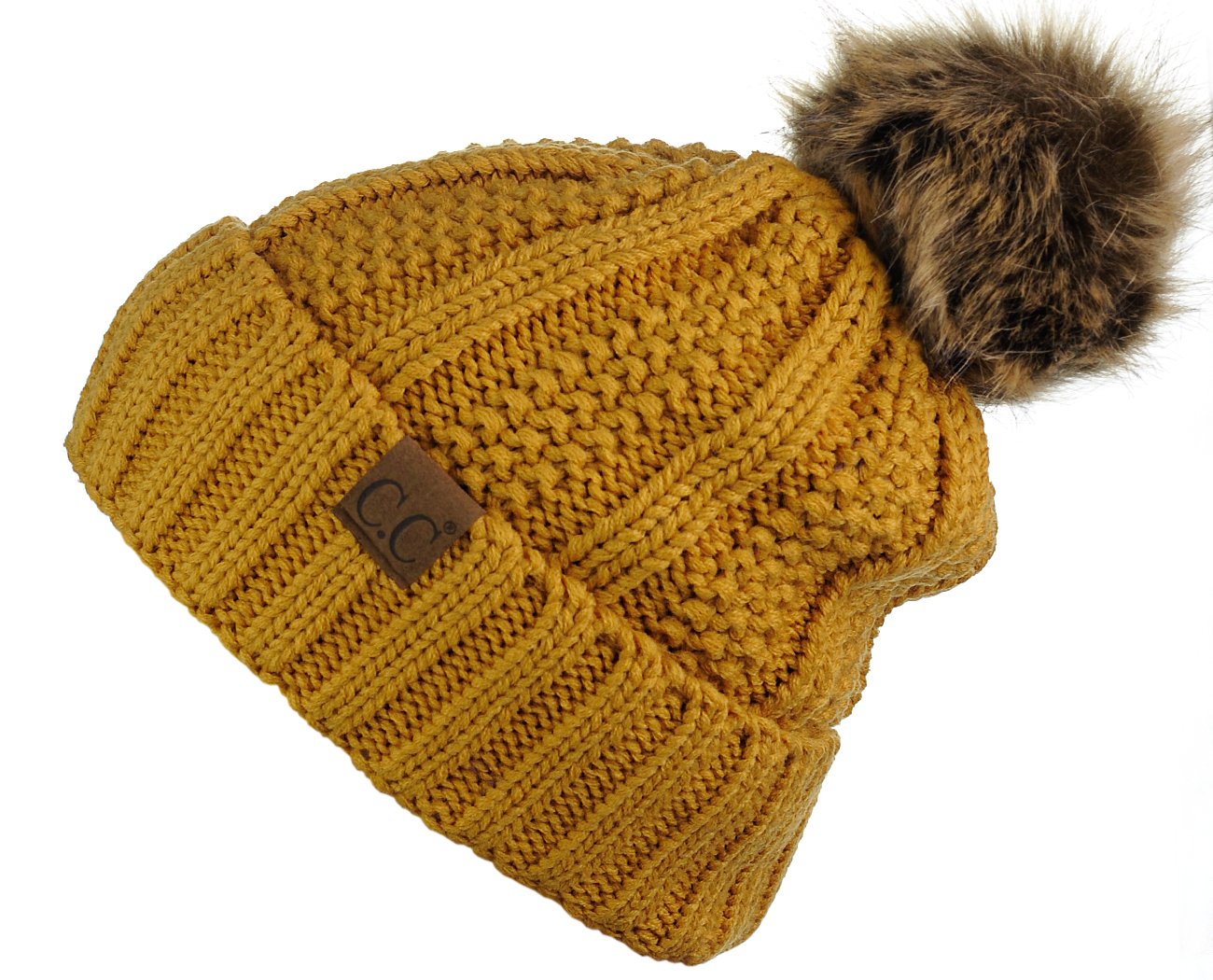 Thick and thick-walled knitted artificial fur pompom with wool lining, skull cap, cuffless brimmed hat