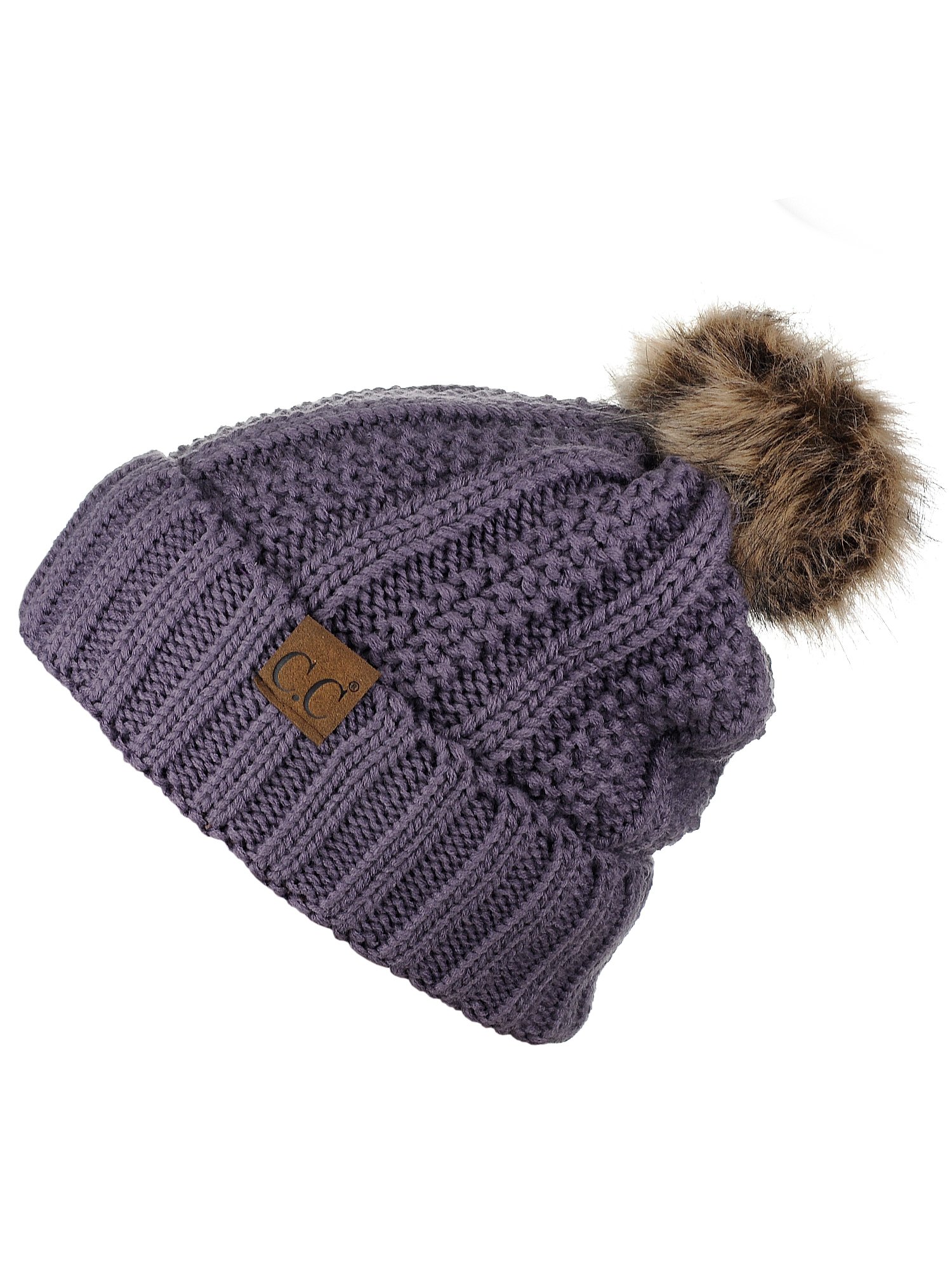 Thick and thick-walled knitted artificial fur pompom with wool lining, skull cap, cuffless brimmed hat