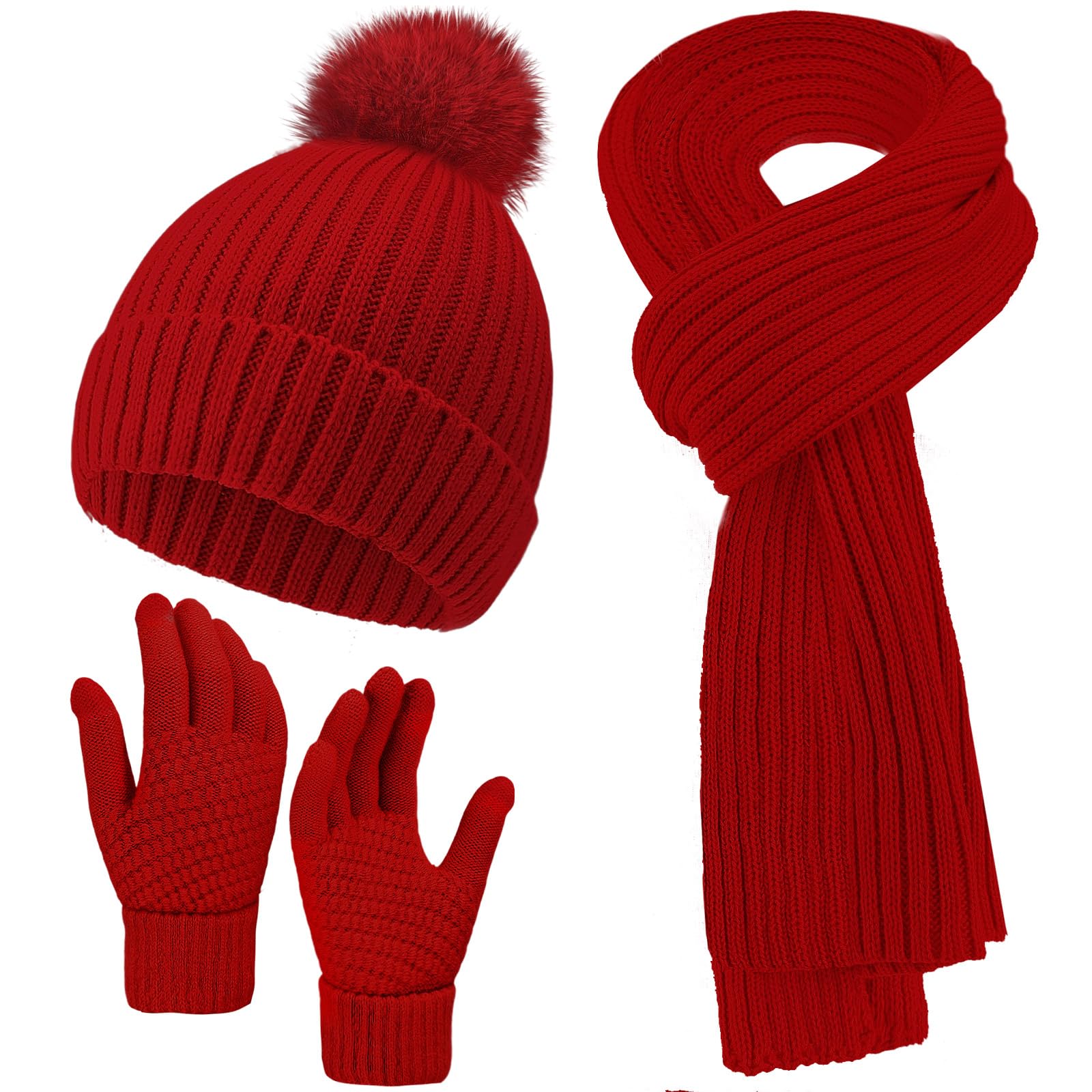 Winter beanie scarf and gloves set for women, warm hat with long fleece scarf and touchscreen gloves, suitable for cold weather