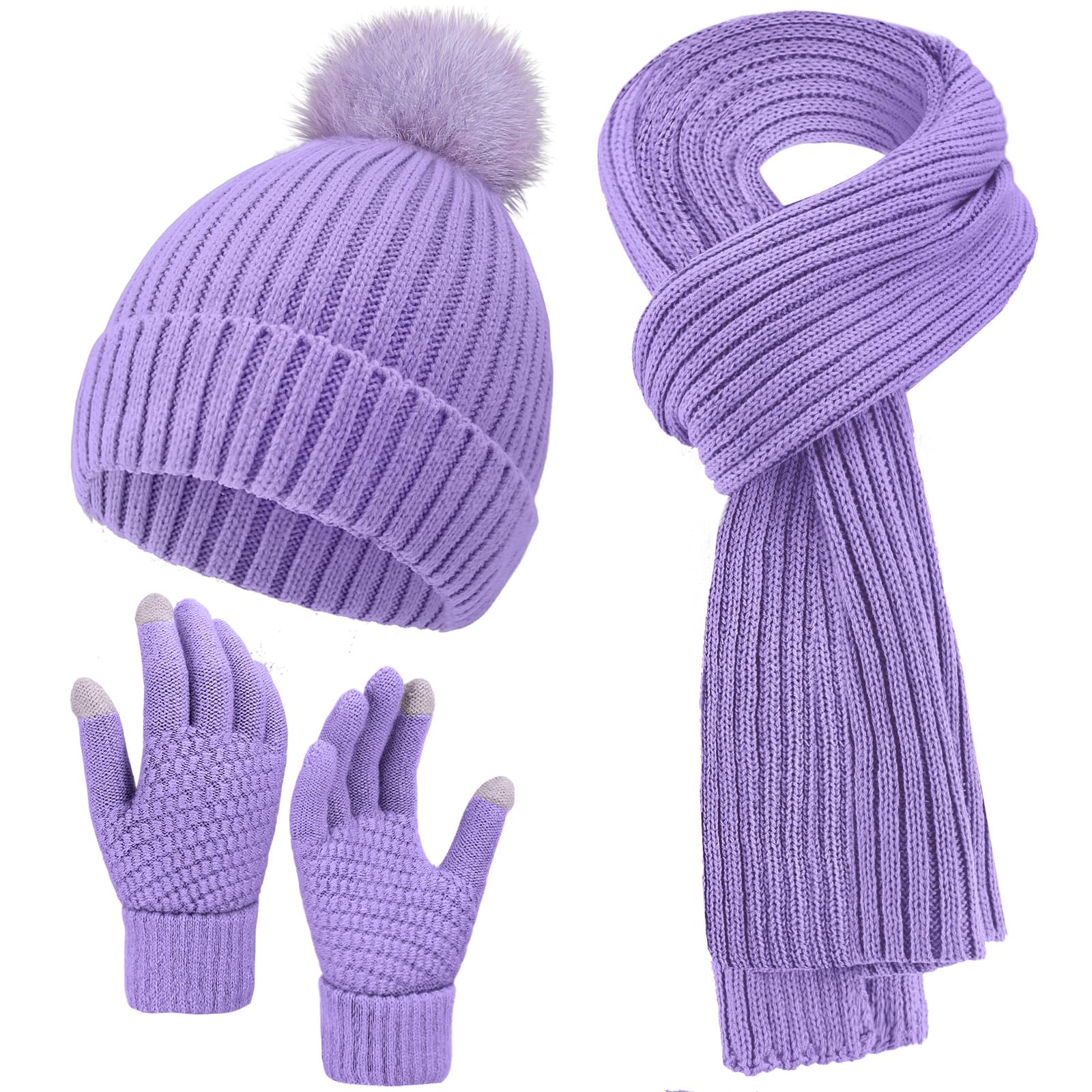 Winter beanie scarf and gloves set for women, warm hat with long fleece scarf and touchscreen gloves, suitable for cold weather