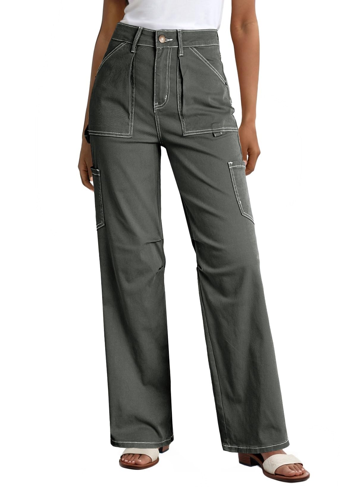 Women 6 Pockets High Waisted Cargo Pants Wide Leg Casual Pants Combat Military Trouser US 4-18