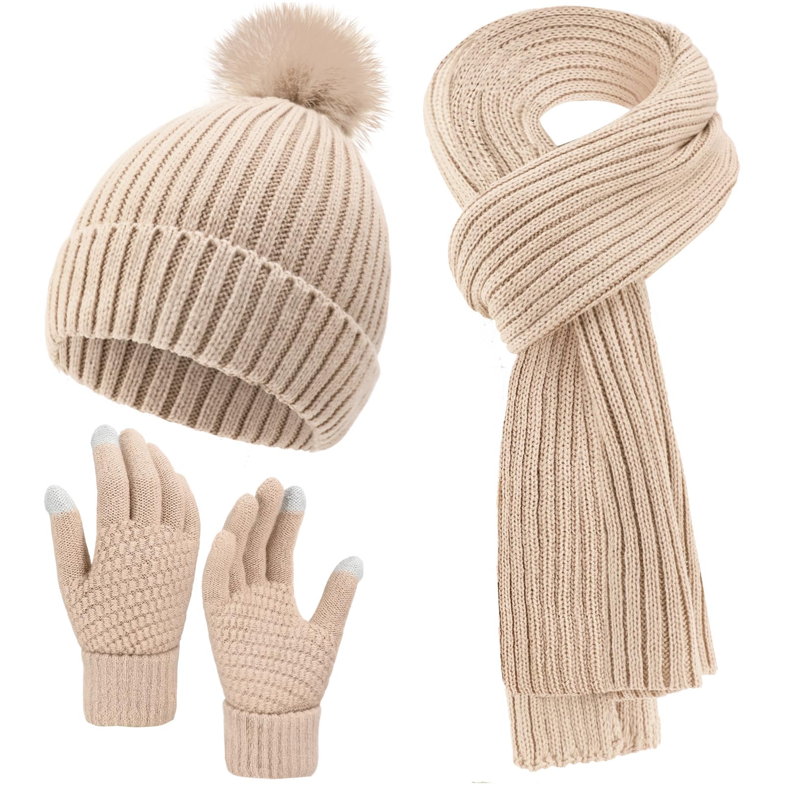 Winter beanie scarf and gloves set for women, warm hat with long fleece scarf and touchscreen gloves, suitable for cold weather