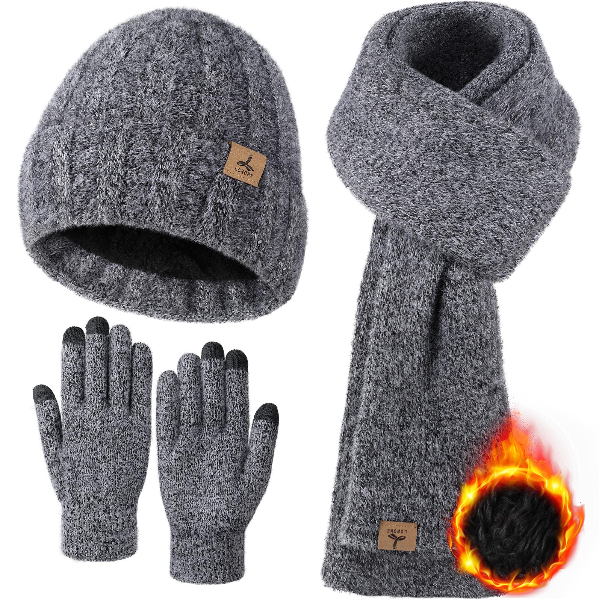 Winter beanie scarf gloves, warm wool knitted hat long scarf neck warmth touch screen winter glove set, women's gift