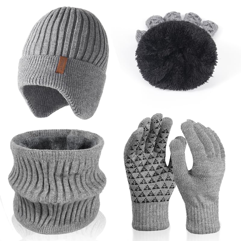 Men's winter beanie touchscreen gloves with neck warming cover 3-in-1 set, with wool lining