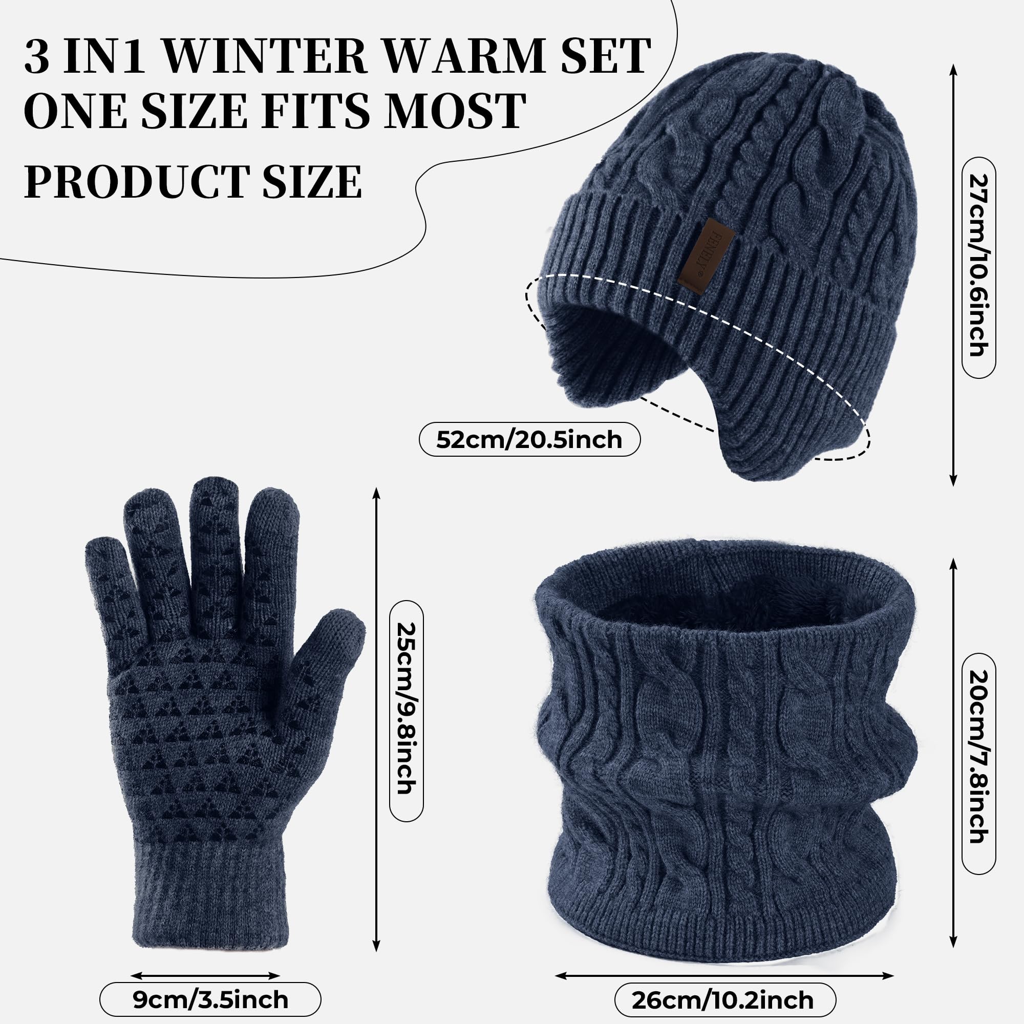 Men's winter beanie touchscreen gloves with neck warming cover 3-in-1 set, with wool lining