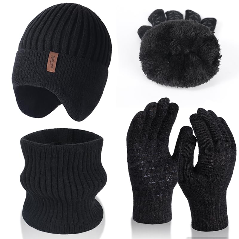 Men's winter beanie touchscreen gloves with neck warming cover 3-in-1 set, with wool lining