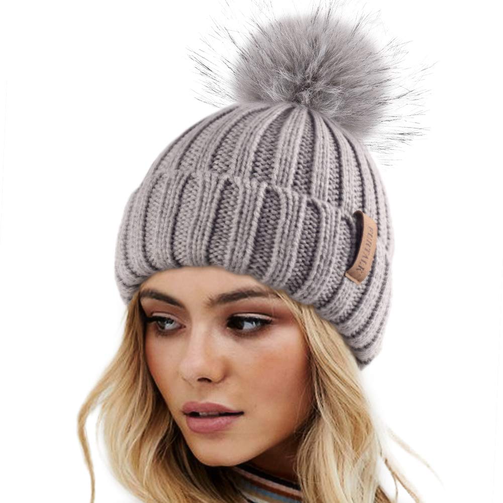 Women's winter knitted beanie without brim, knitted skull cap with artificial pompoms for warmth, women's beanie without brim