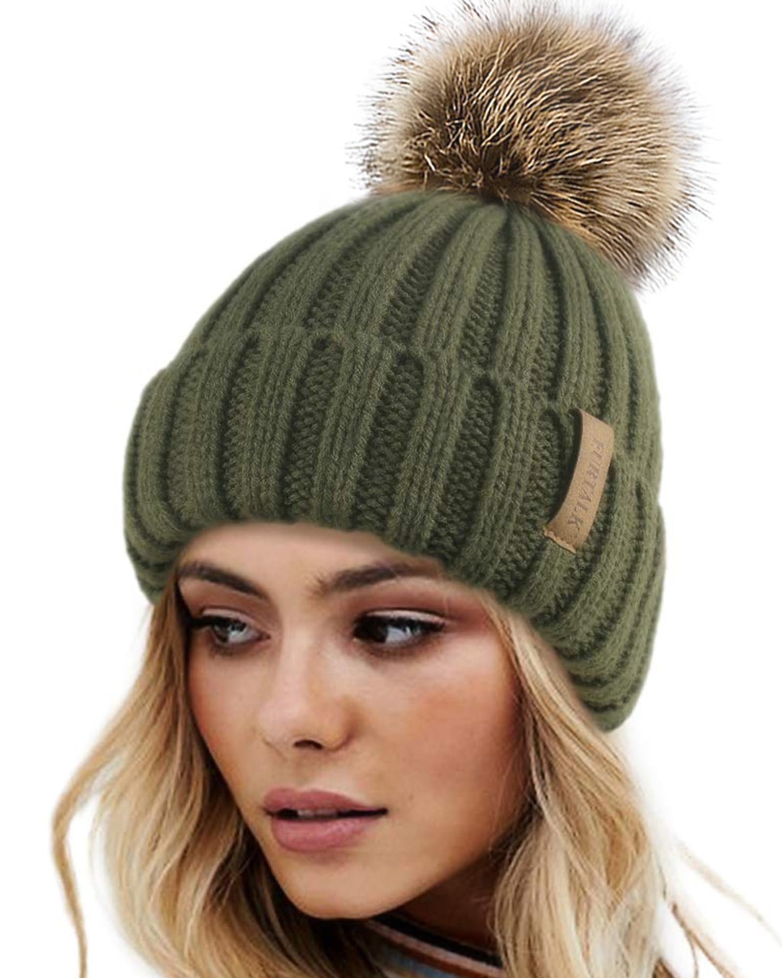 Women's winter knitted beanie without brim, knitted skull cap with artificial pompoms for warmth, women's beanie without brim