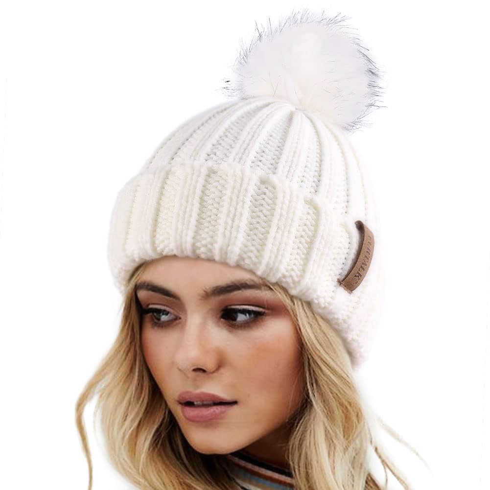 Women's winter knitted beanie without brim, knitted skull cap with artificial pompoms for warmth, women's beanie without brim