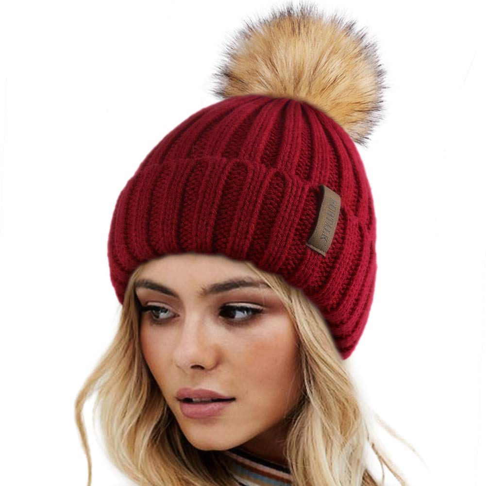 Women's winter knitted beanie without brim, knitted skull cap with artificial pompoms for warmth, women's beanie without brim