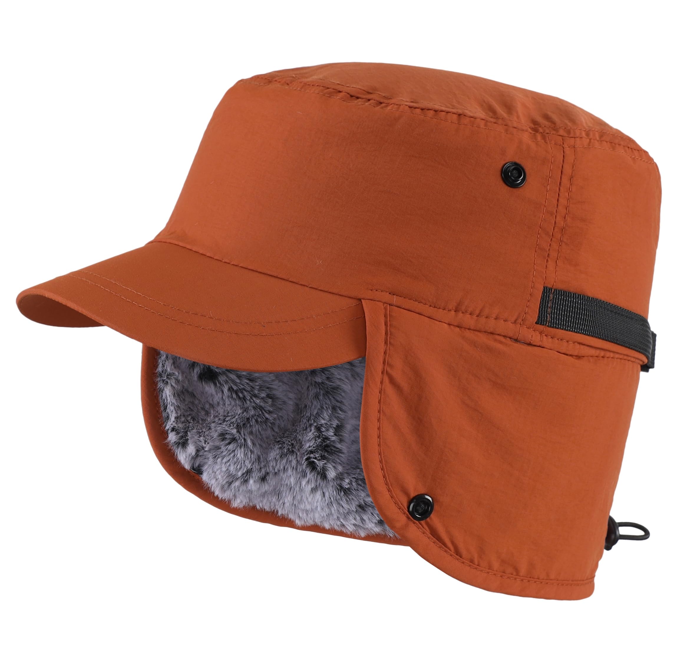 Men's winter cap with brim and earflaps, faux fur baseball cap, catcher's hunting cap