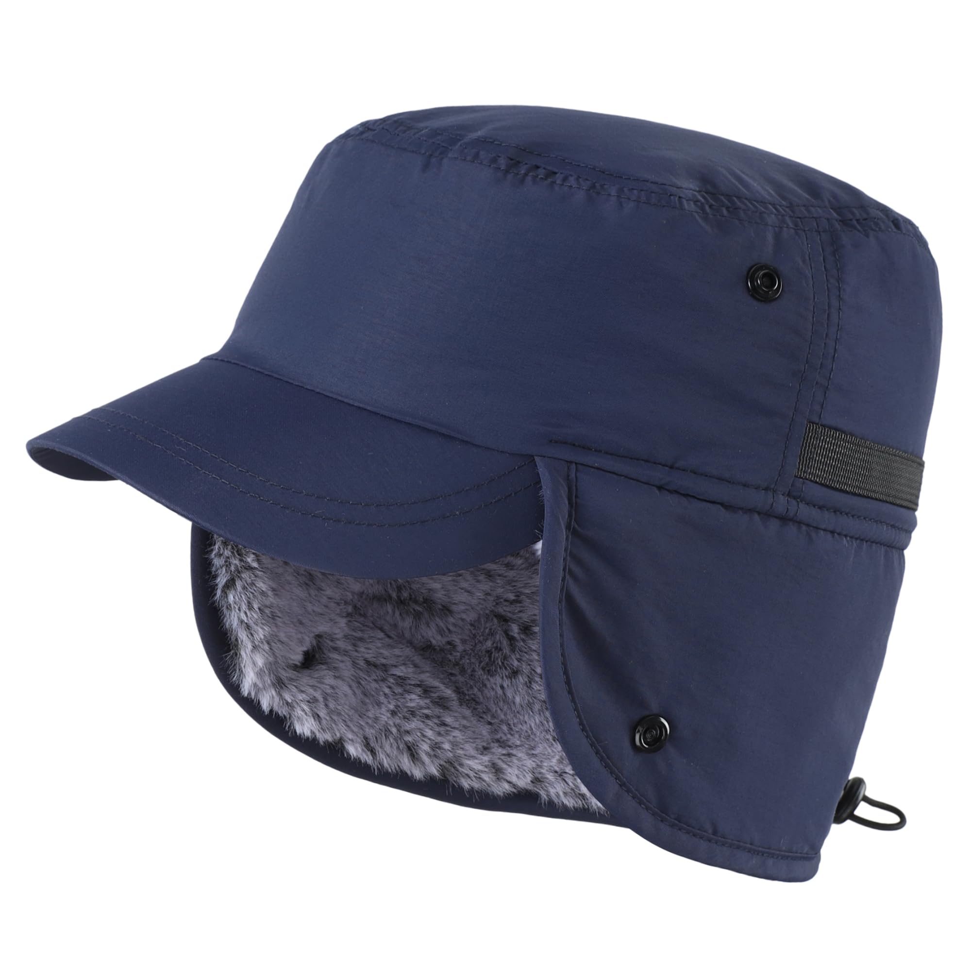 Men's winter cap with brim and earflaps, faux fur baseball cap, catcher's hunting cap