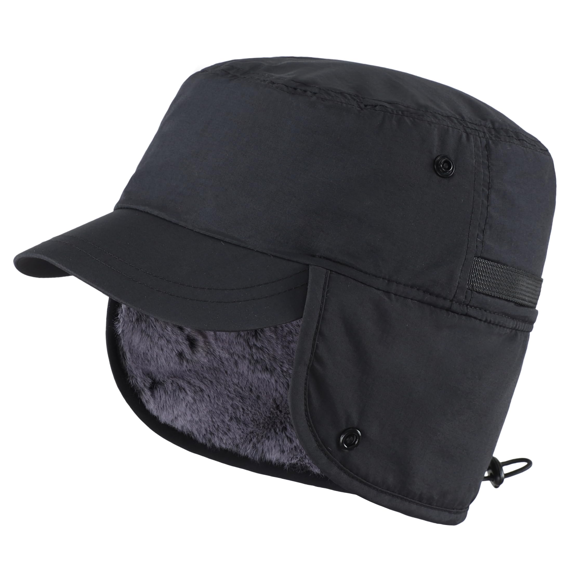 Men's winter cap with brim and earflaps, faux fur baseball cap, catcher's hunting cap