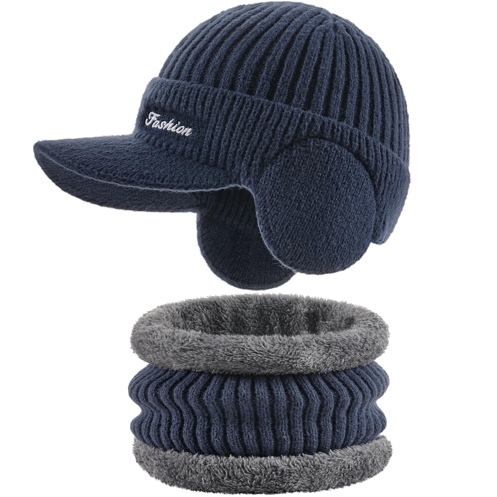 Winter beanie with earmuffs, hat with brim and scarf set, warm wool-lined skullcap neck warmer