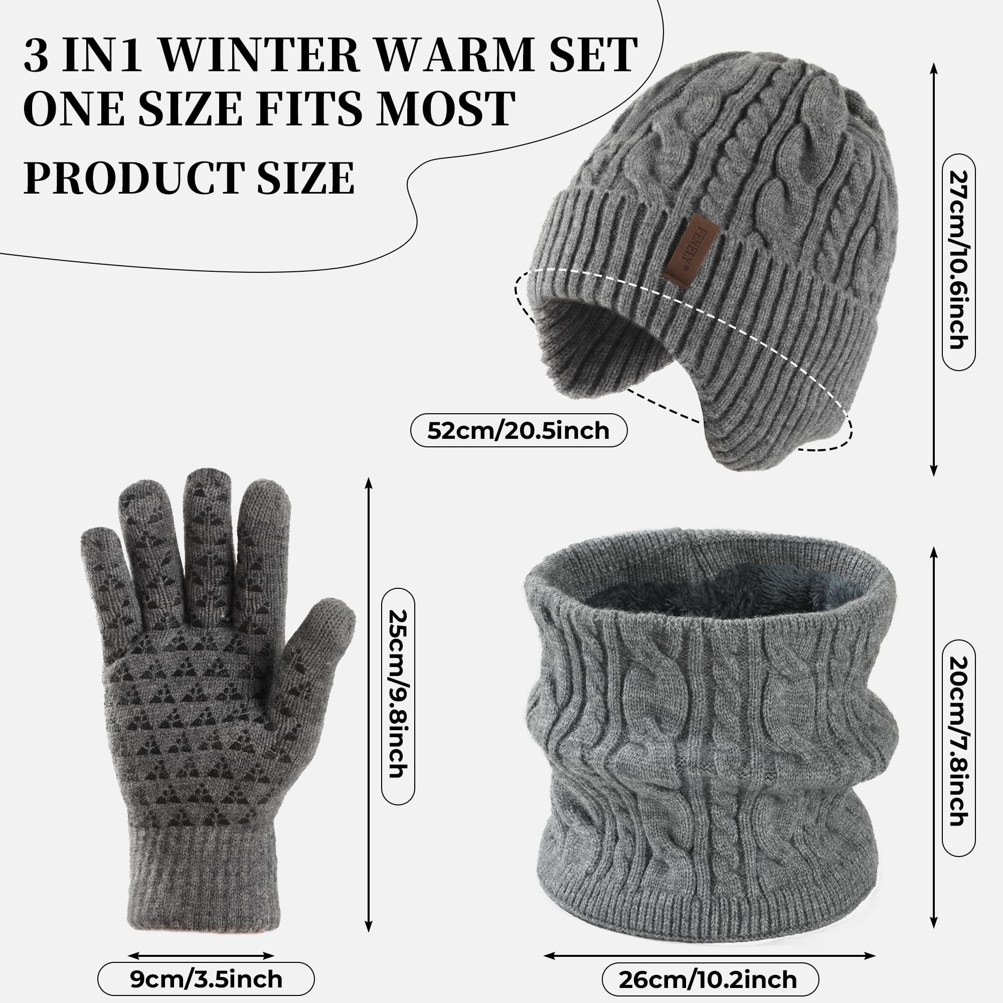 Men's winter beanie touchscreen gloves with neck warming cover 3-in-1 set, with wool lining