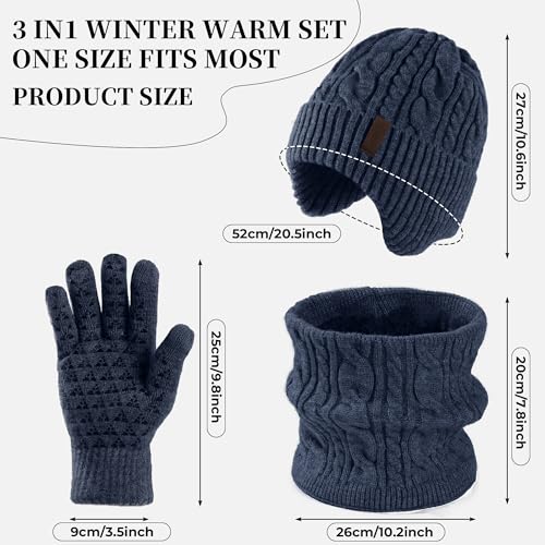 Men's winter beanie touchscreen gloves with neck warming cover 3-in-1 set, with wool lining