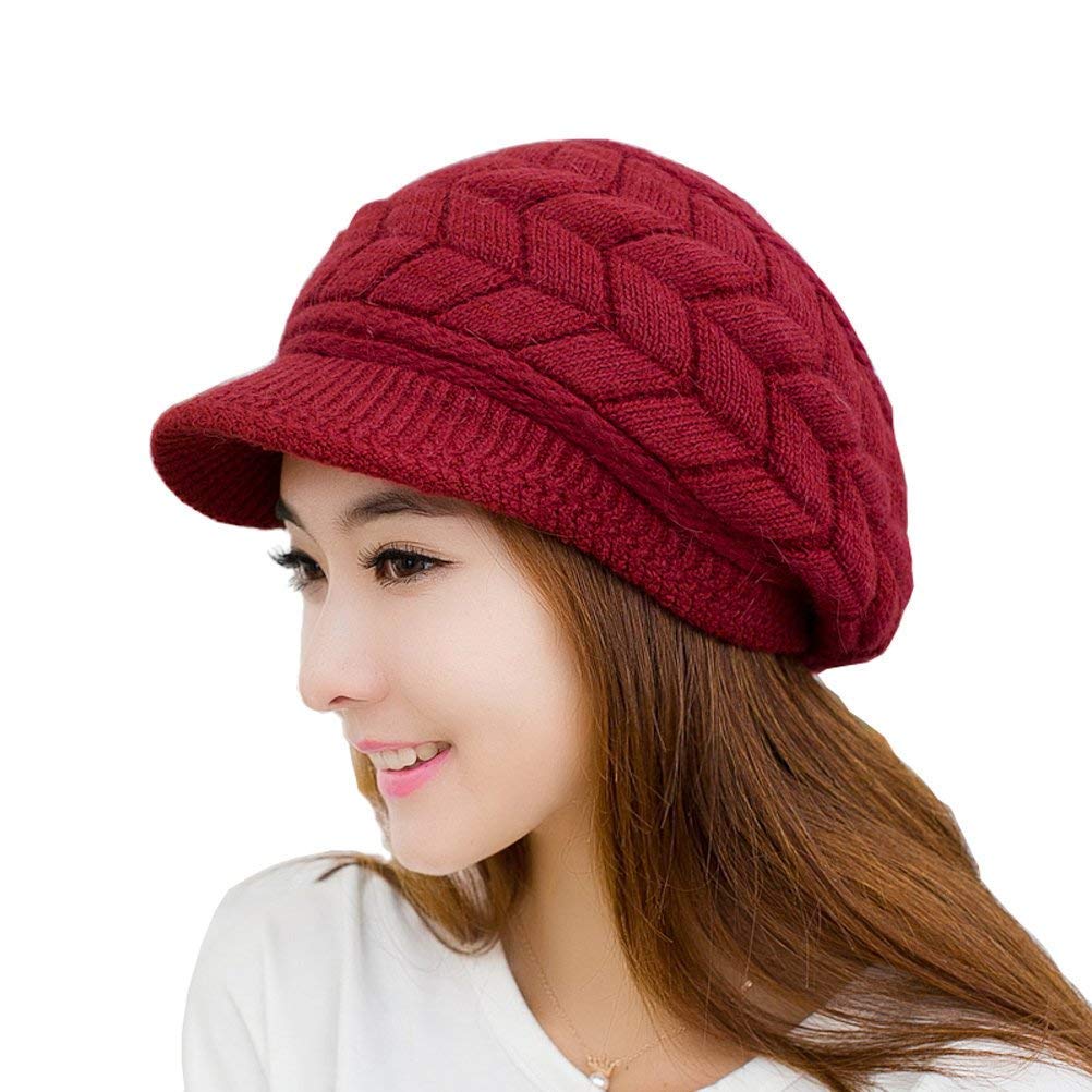 Women's winter warm knitted wool ski cap with sun visor