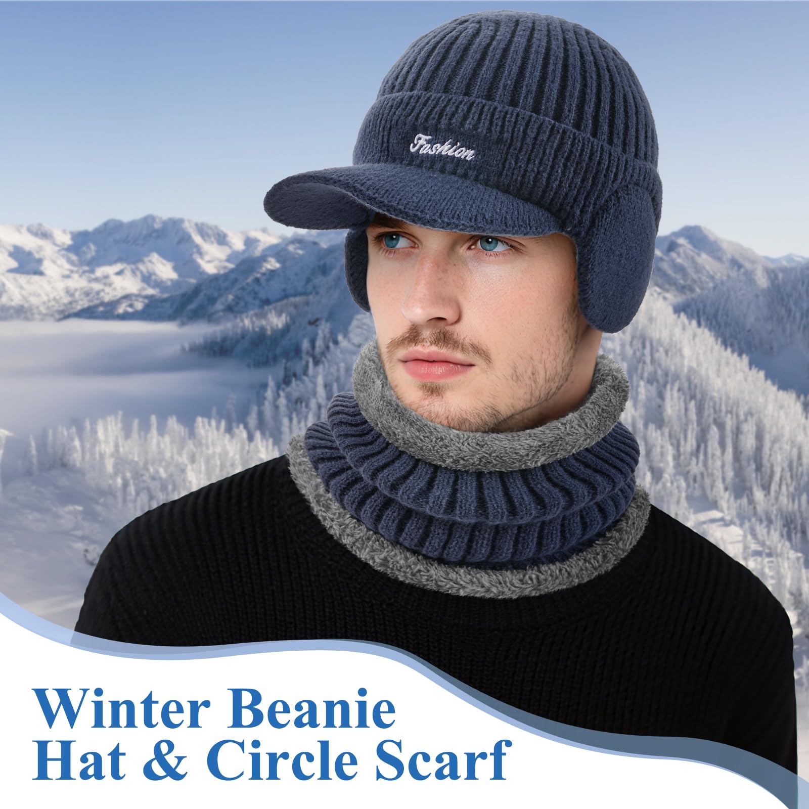 Winter beanie with earmuffs, hat with brim and scarf set, warm wool-lined skullcap neck warmer