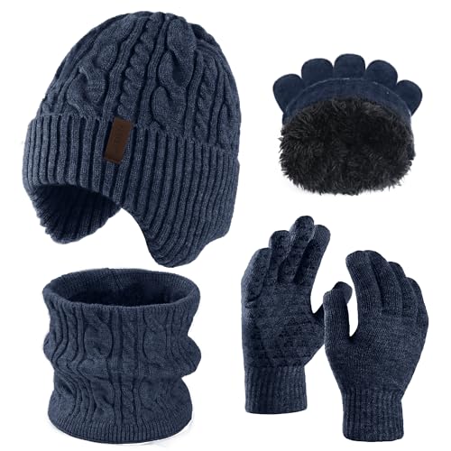 Men's winter beanie touchscreen gloves with neck warming cover 3-in-1 set, with wool lining