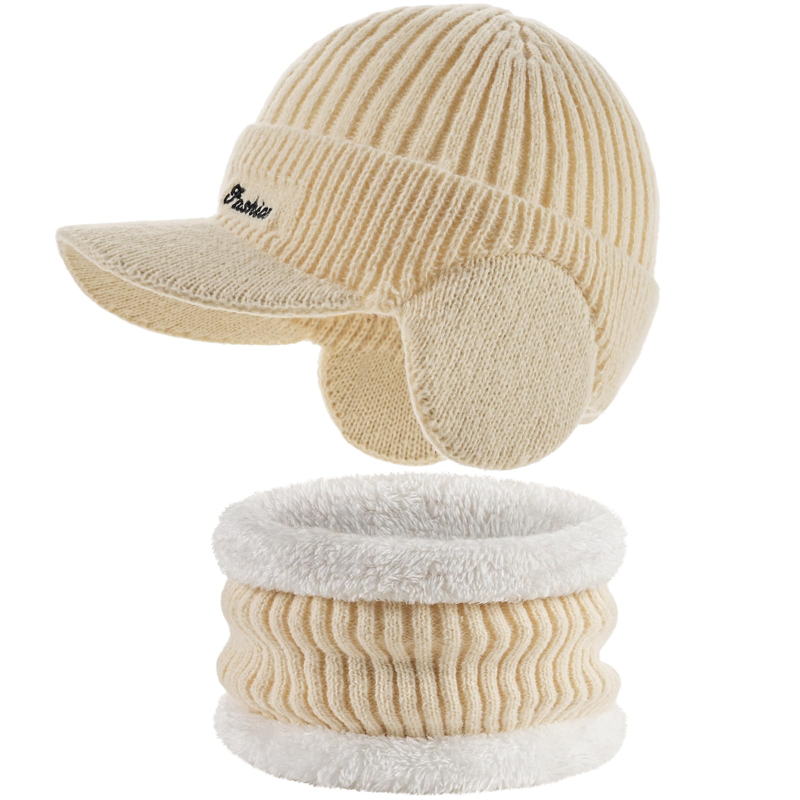 Winter beanie with earmuffs, hat with brim and scarf set, warm wool-lined skullcap neck warmer