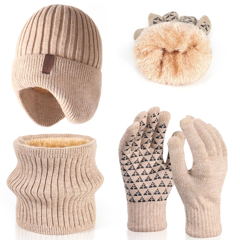 Men's winter beanie touchscreen gloves with neck warming cover 3-in-1 set, with wool lining