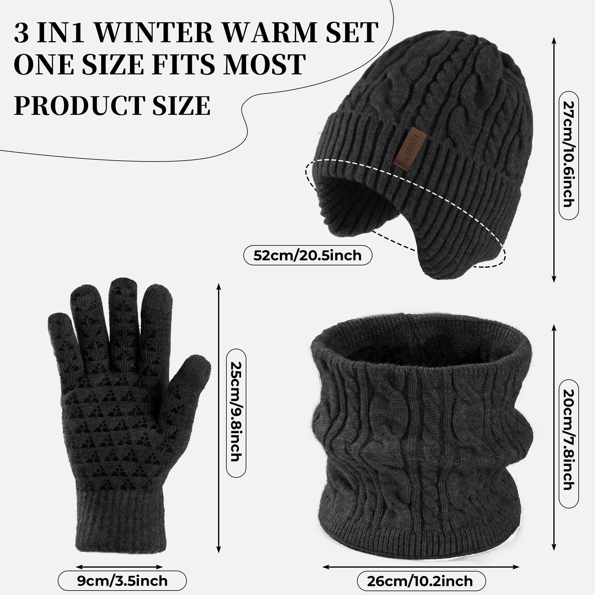 Men's winter beanie touchscreen gloves with neck warming cover 3-in-1 set, with wool lining