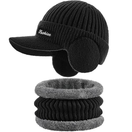 Winter beanie with earmuffs, hat with brim and scarf set, warm wool-lined skullcap neck warmer