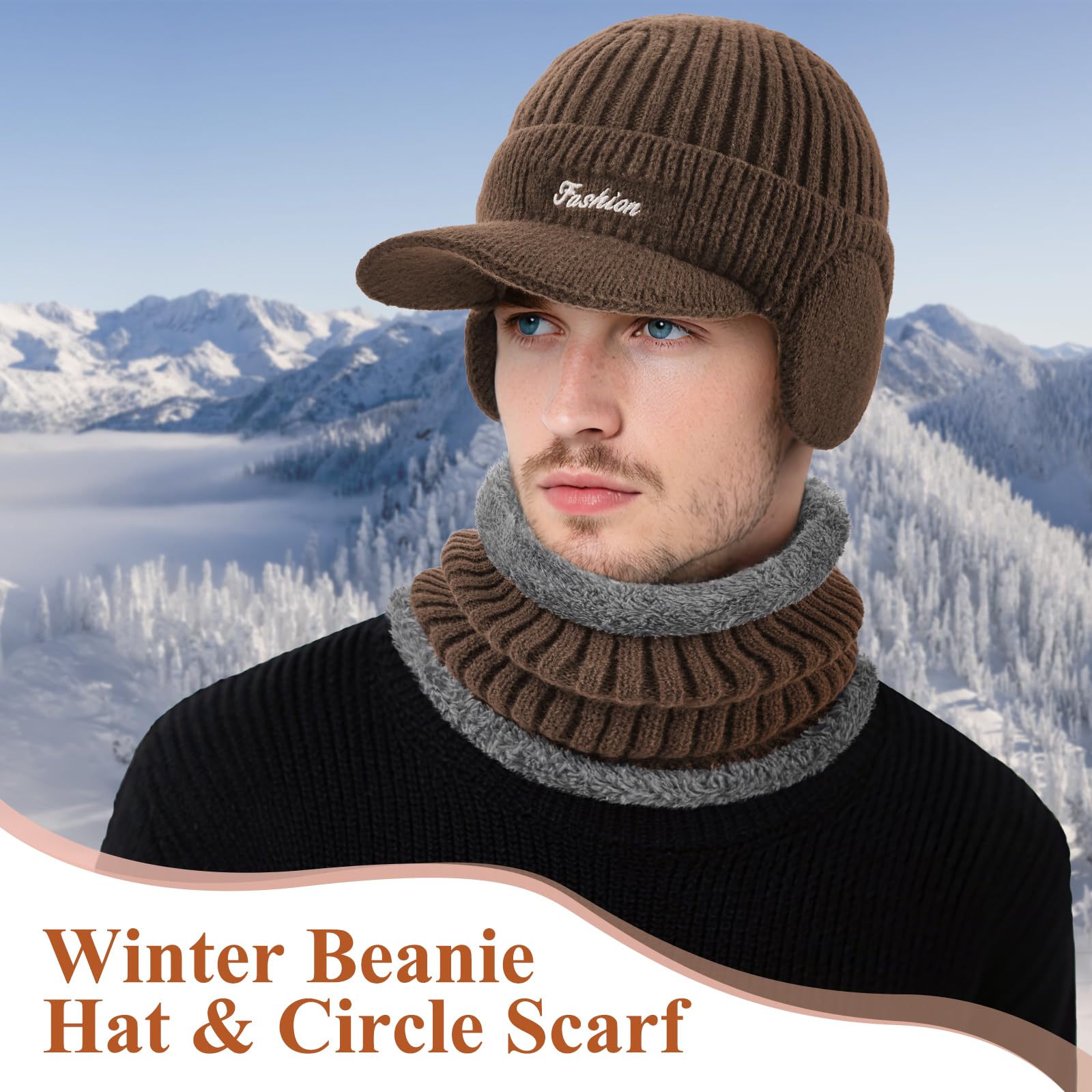 Winter beanie with earmuffs, hat with brim and scarf set, warm wool-lined skullcap neck warmer