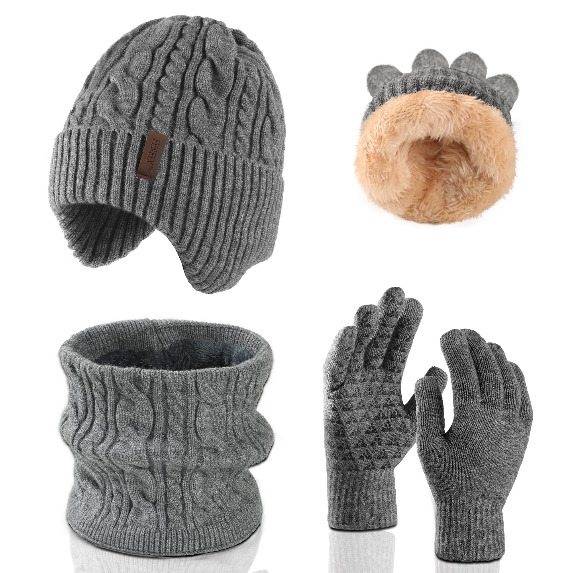 Men's winter beanie touchscreen gloves with neck warming cover 3-in-1 set, with wool lining