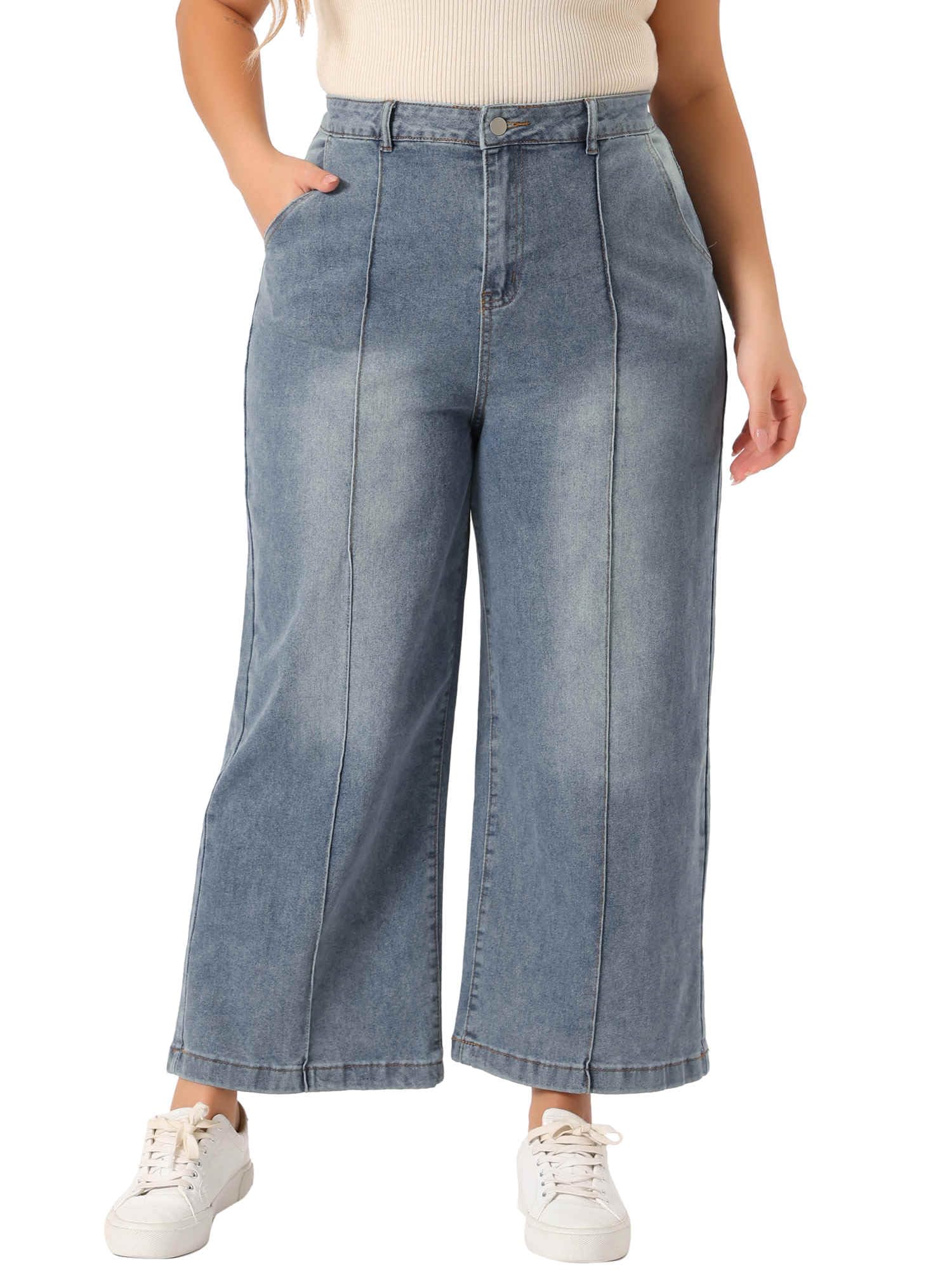 Plus Size Jeans for Women Wide Leg Baggy Washed Stretch with Pockets Denim Ankle Pants