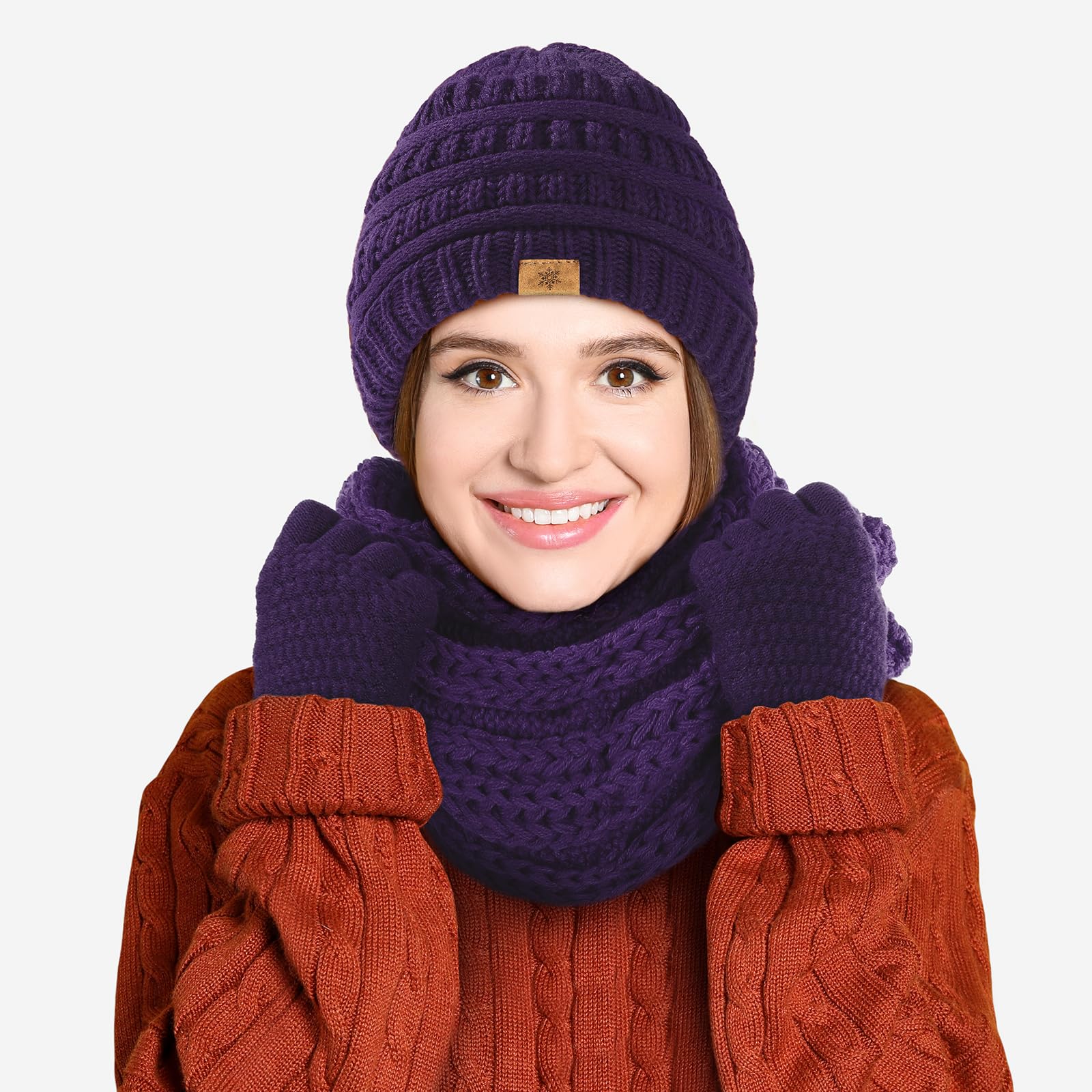 Winter beanie scarf gloves set, women's winter clothing, wool-lined hat touchscreen gloves thick neck warmer